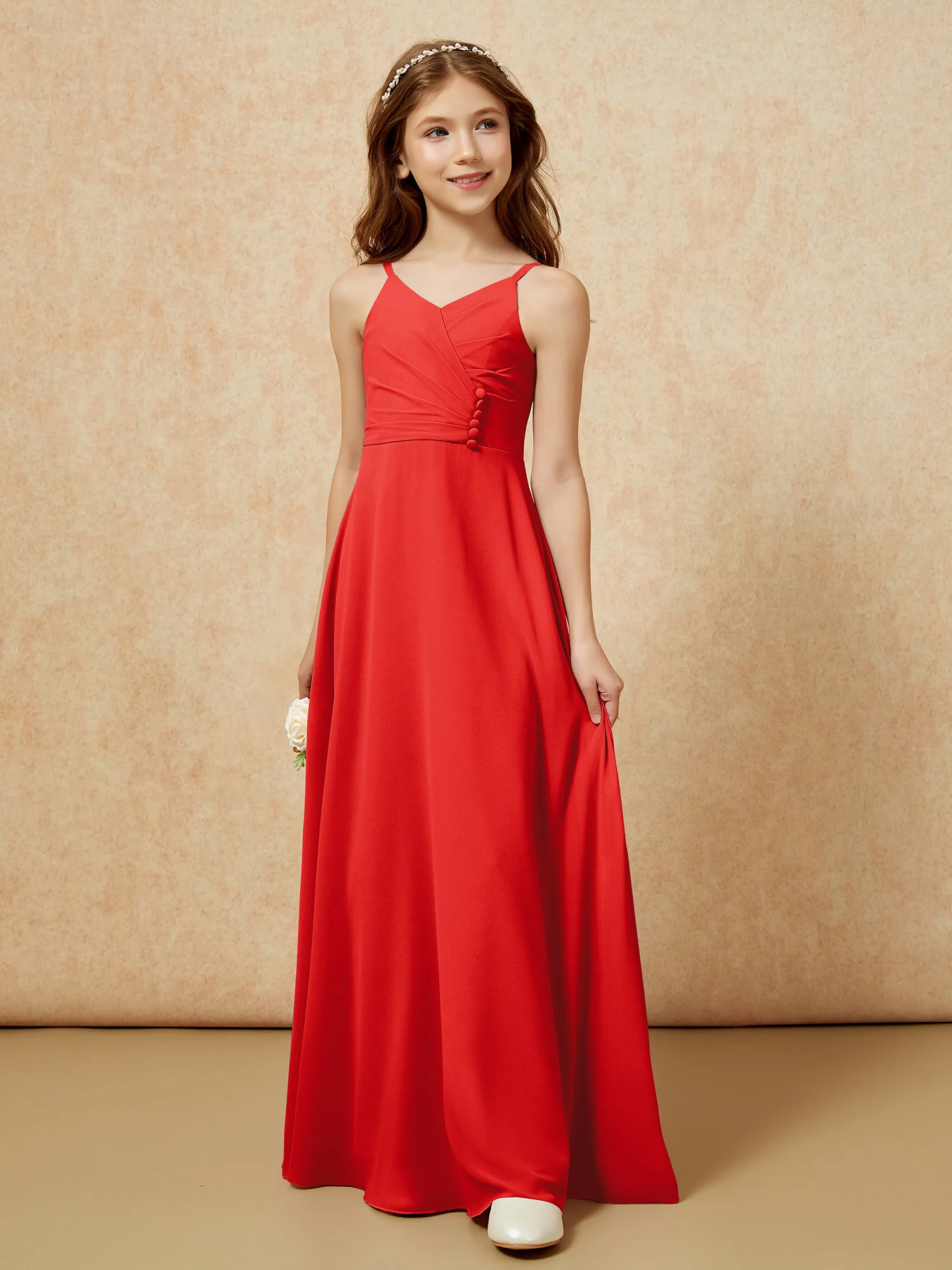 V-neck Pleated Chiffon Long Junior Bridesmaid Dresses Red - Image 5