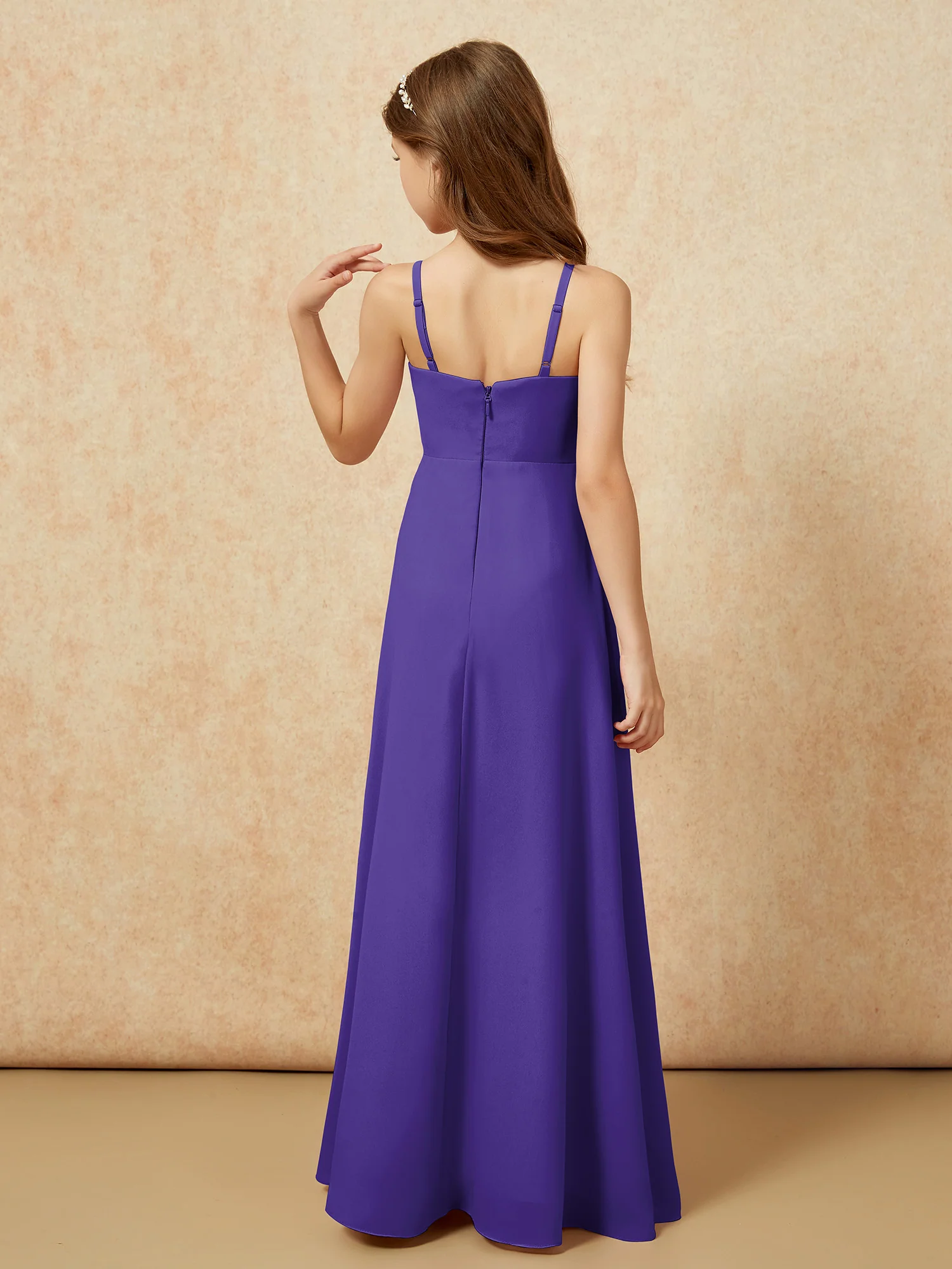 V-neck Pleated Chiffon Long Junior Bridesmaid Dresses Regency - Image 2