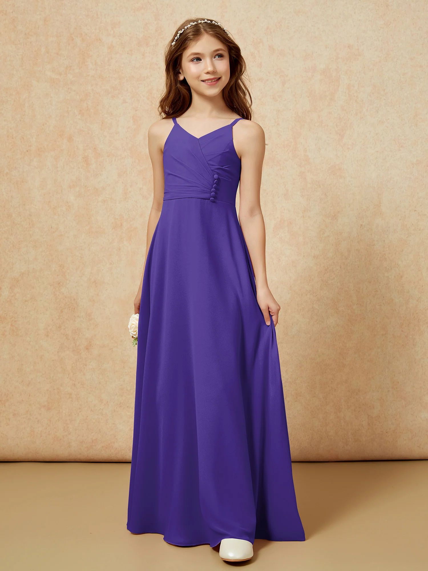 V-neck Pleated Chiffon Long Junior Bridesmaid Dresses Regency - Image 5
