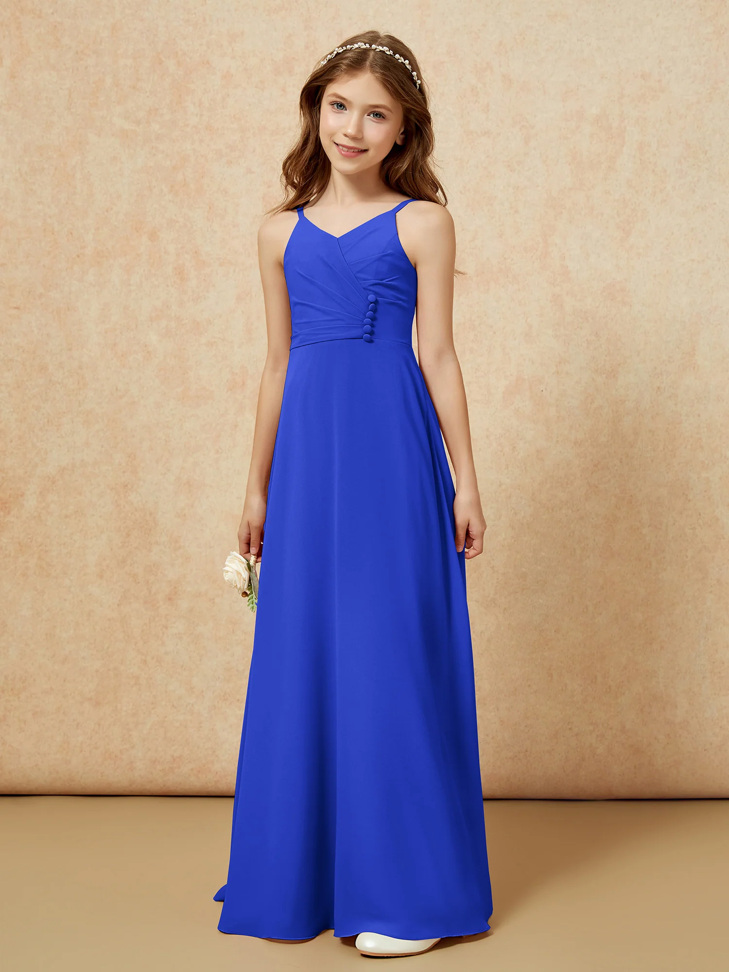 V-neck Pleated Chiffon Long Junior Bridesmaid Dresses Royal Blue