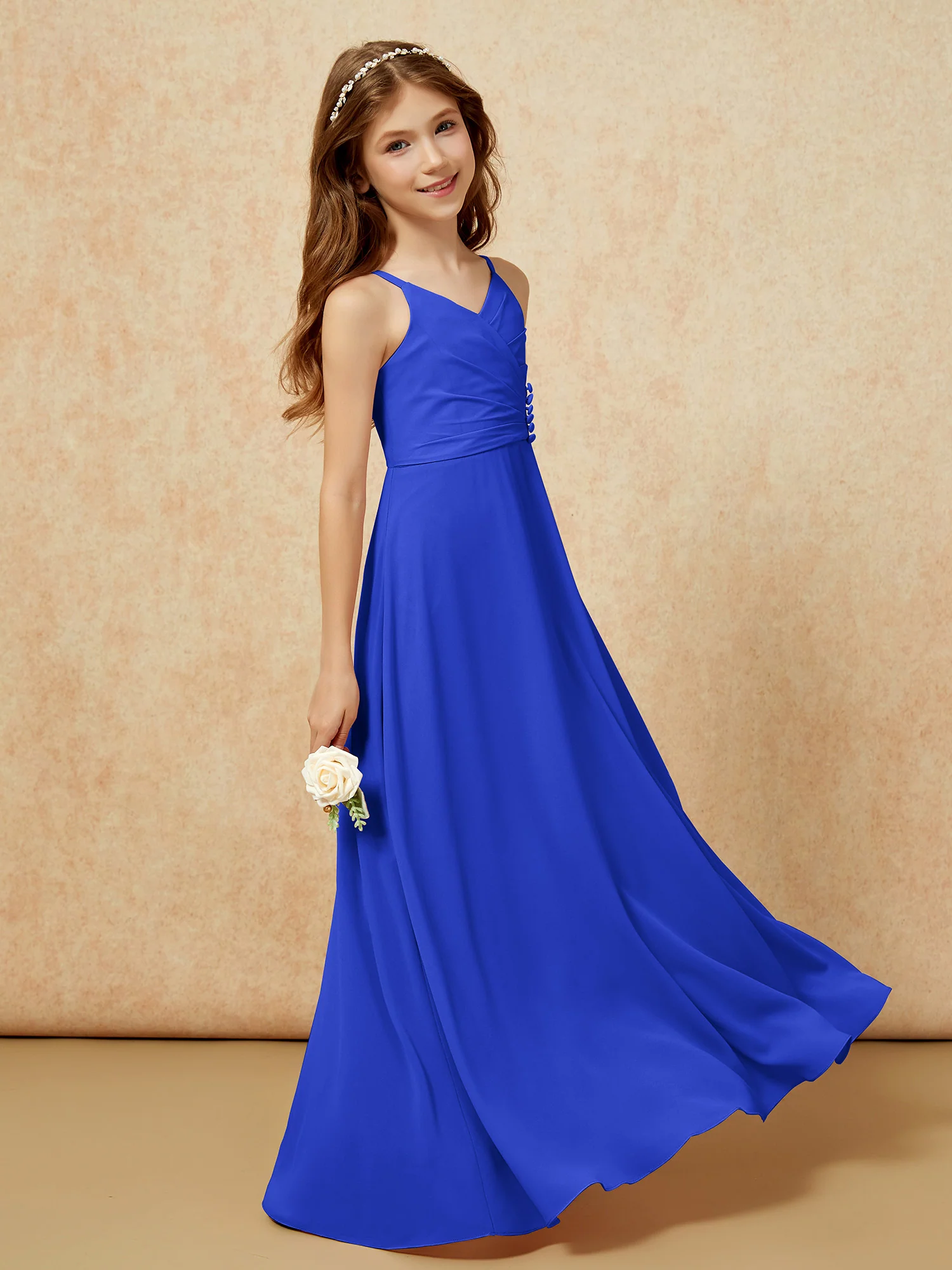V-neck Pleated Chiffon Long Junior Bridesmaid Dresses Royal Blue - Image 3