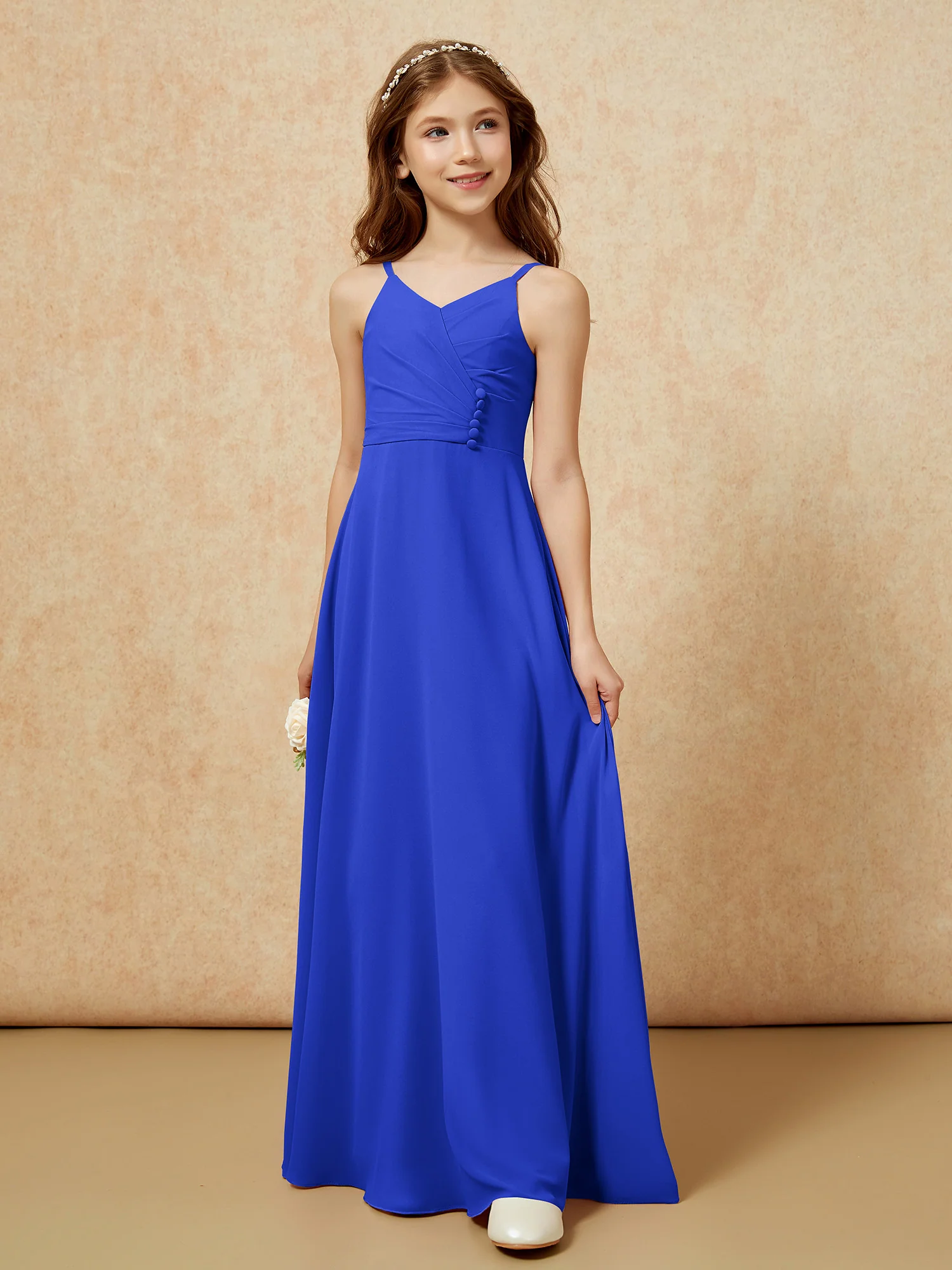 V-neck Pleated Chiffon Long Junior Bridesmaid Dresses Royal Blue - Image 5