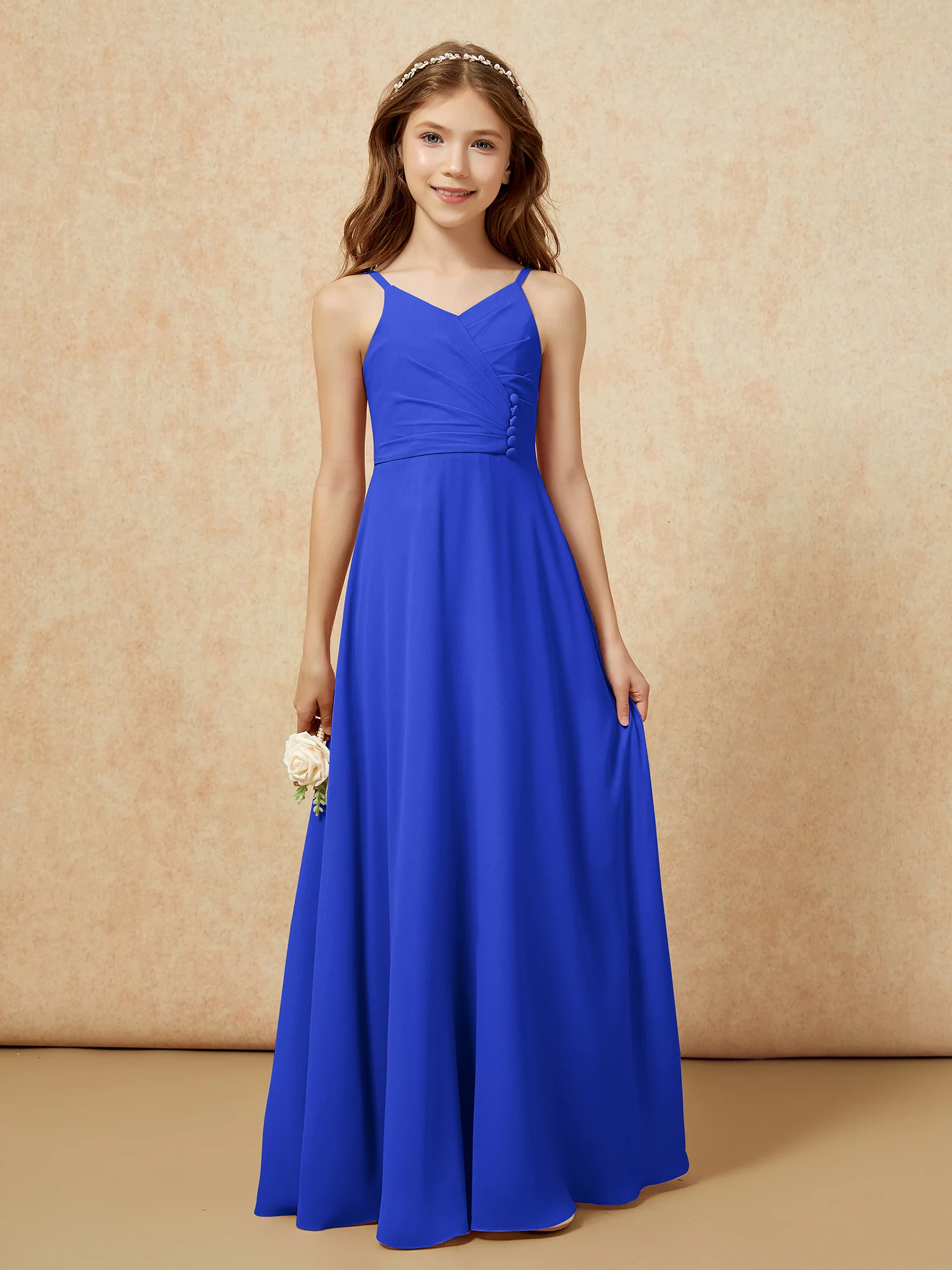 V-neck Pleated Chiffon Long Junior Bridesmaid Dresses Royal Blue - Image 6