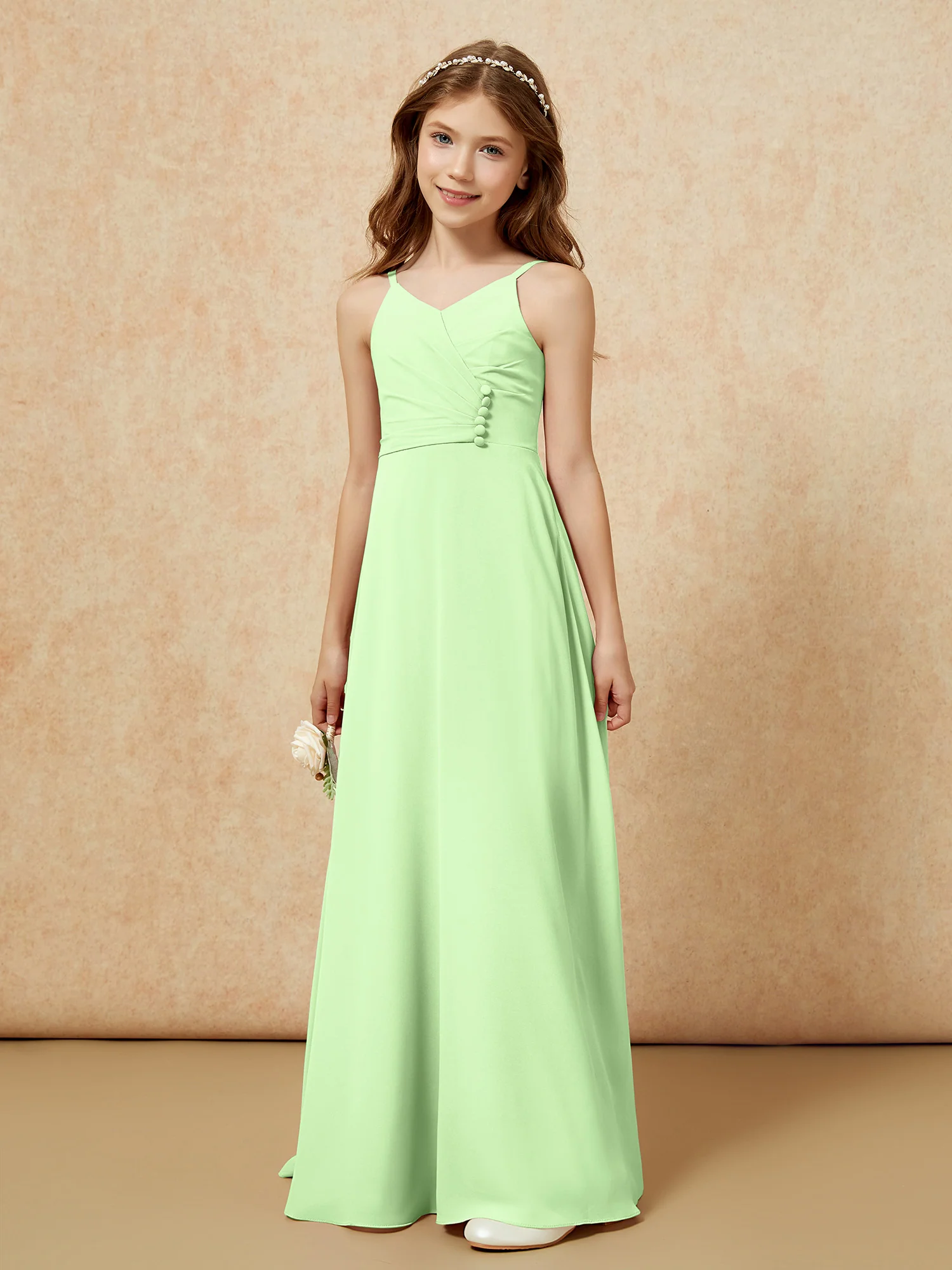 V-neck Pleated Chiffon Long Junior Bridesmaid Dresses Sage
