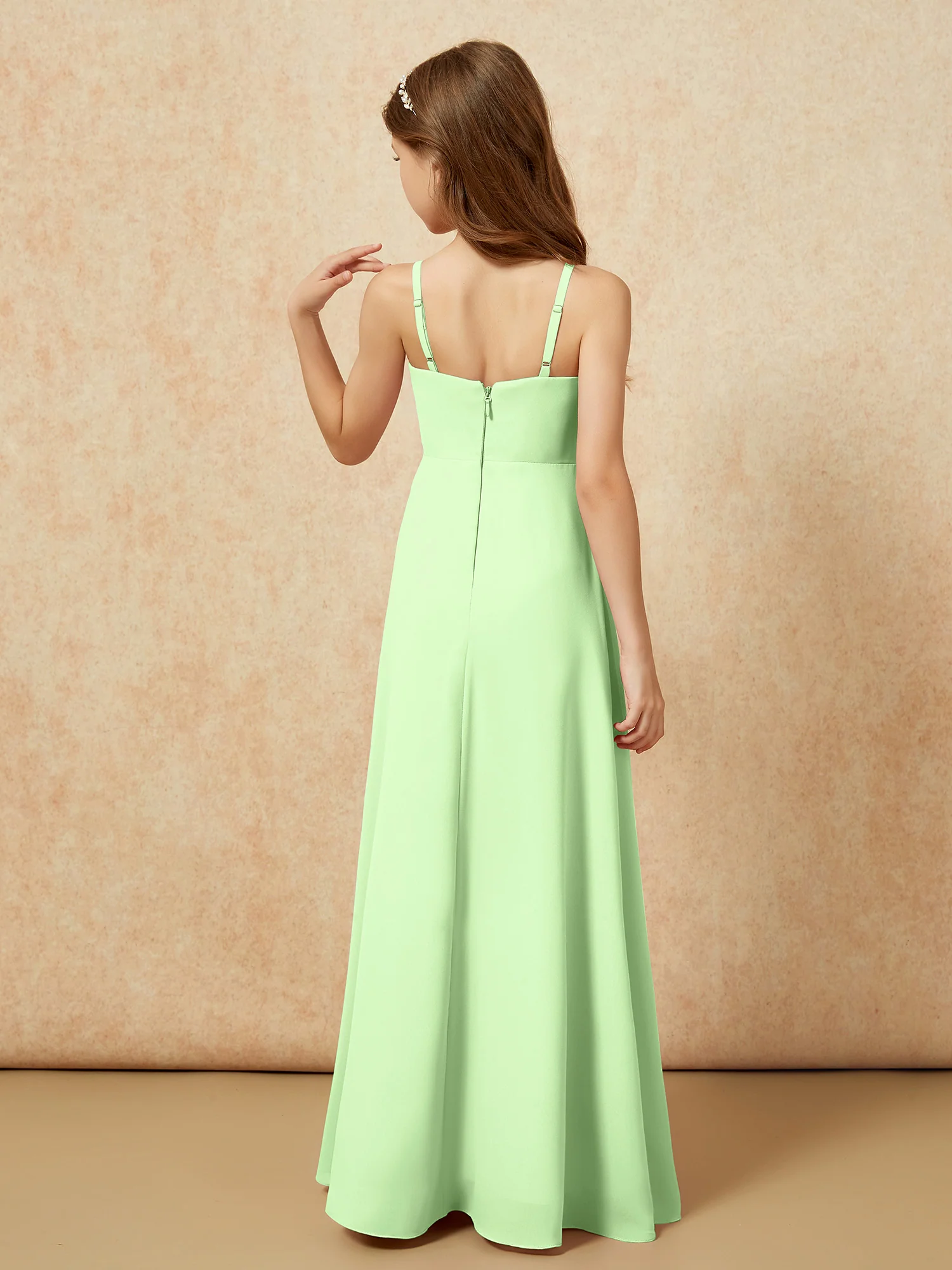 V-neck Pleated Chiffon Long Junior Bridesmaid Dresses Sage - Image 2