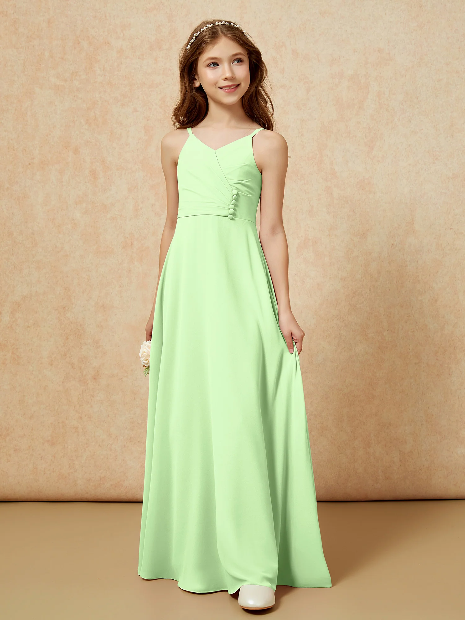 V-neck Pleated Chiffon Long Junior Bridesmaid Dresses Sage - Image 5