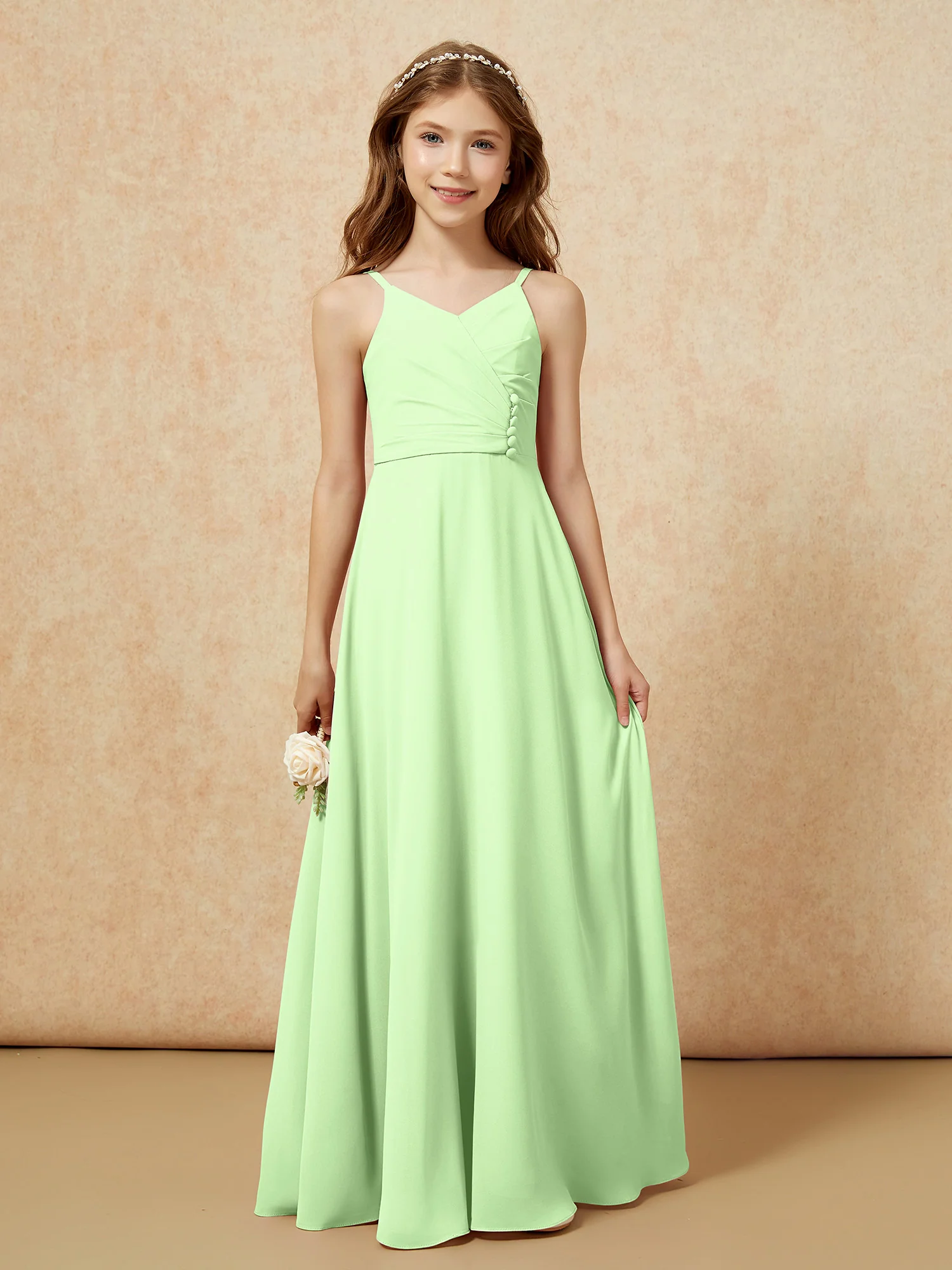 V-neck Pleated Chiffon Long Junior Bridesmaid Dresses Sage - Image 6