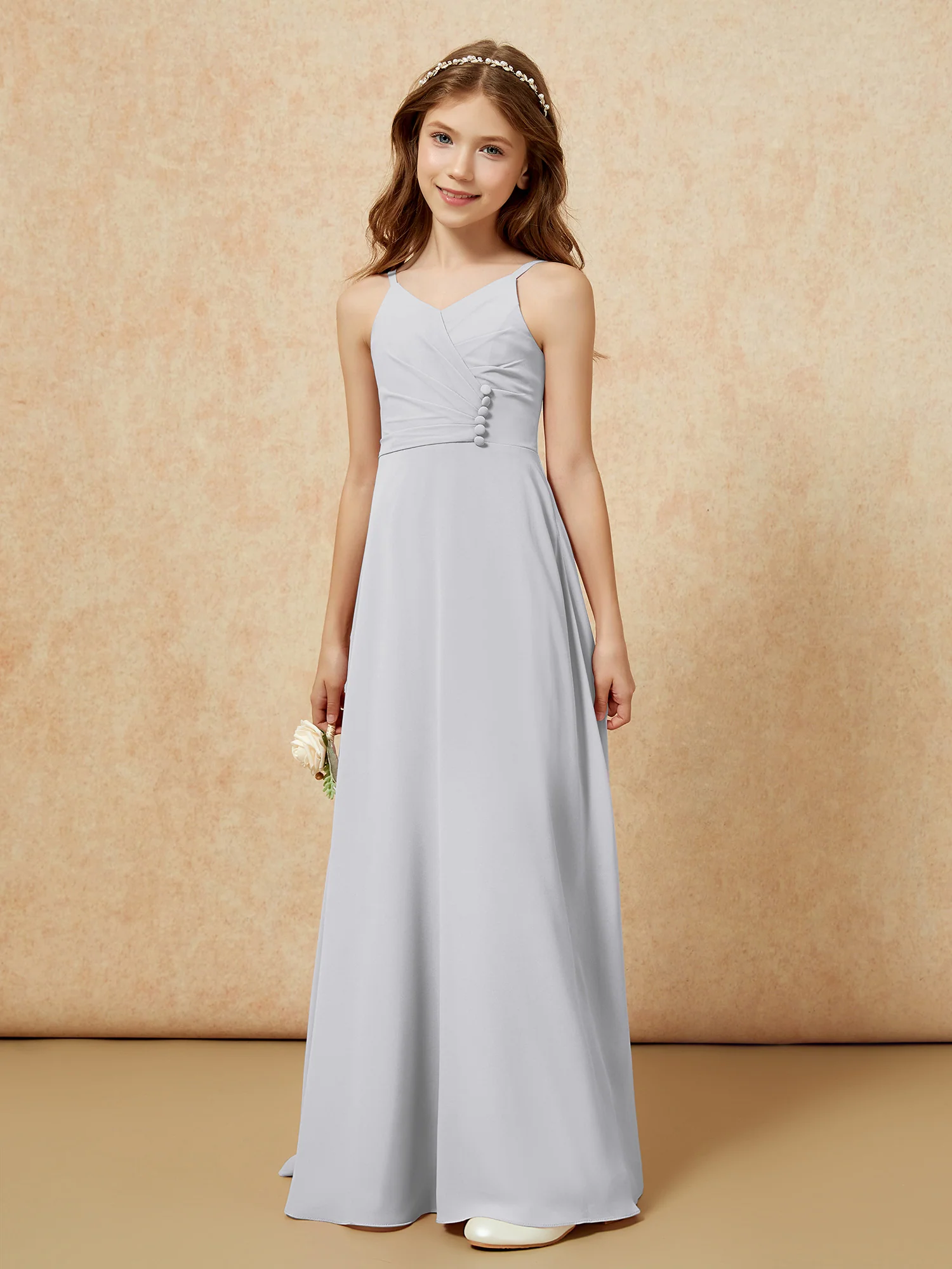 V-neck Pleated Chiffon Long Junior Bridesmaid Dresses Silver
