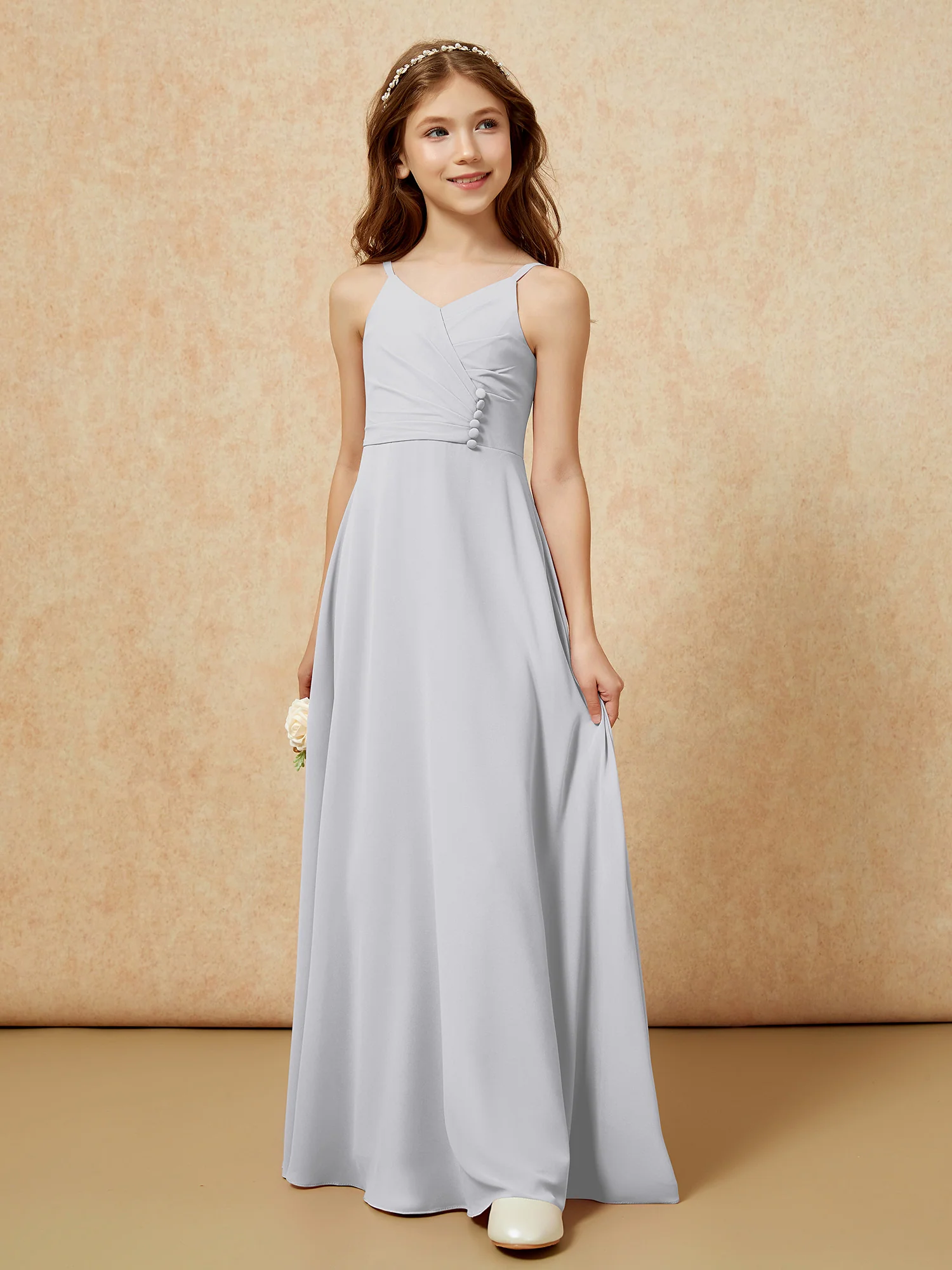 V-neck Pleated Chiffon Long Junior Bridesmaid Dresses Silver - Image 5