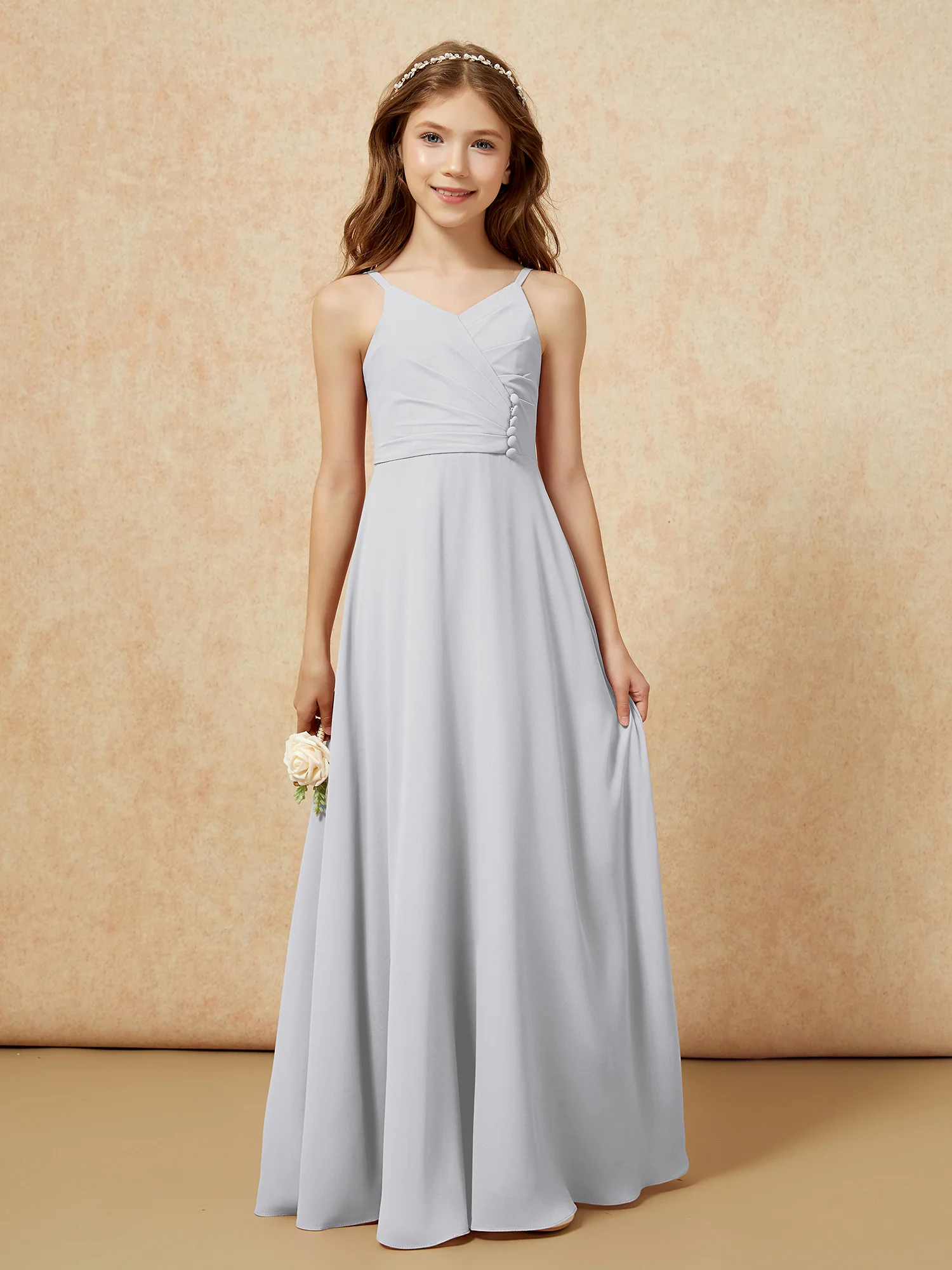 V-neck Pleated Chiffon Long Junior Bridesmaid Dresses Silver - Image 6