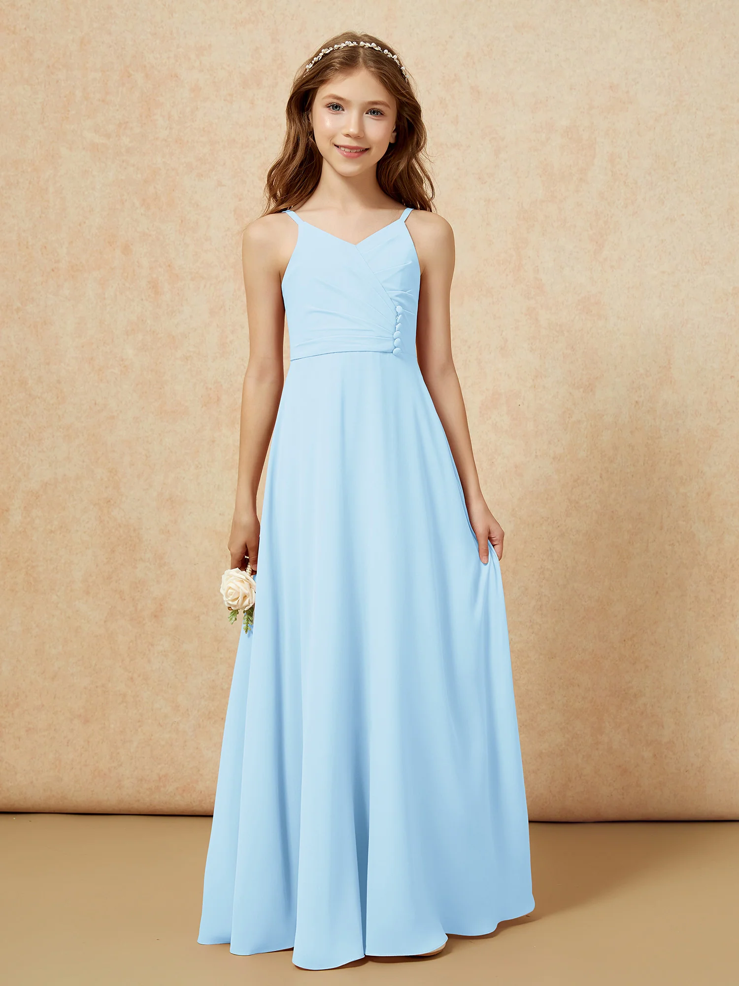 V-neck Pleated Chiffon Long Junior Bridesmaid Dresses Sky Blue - Image 6