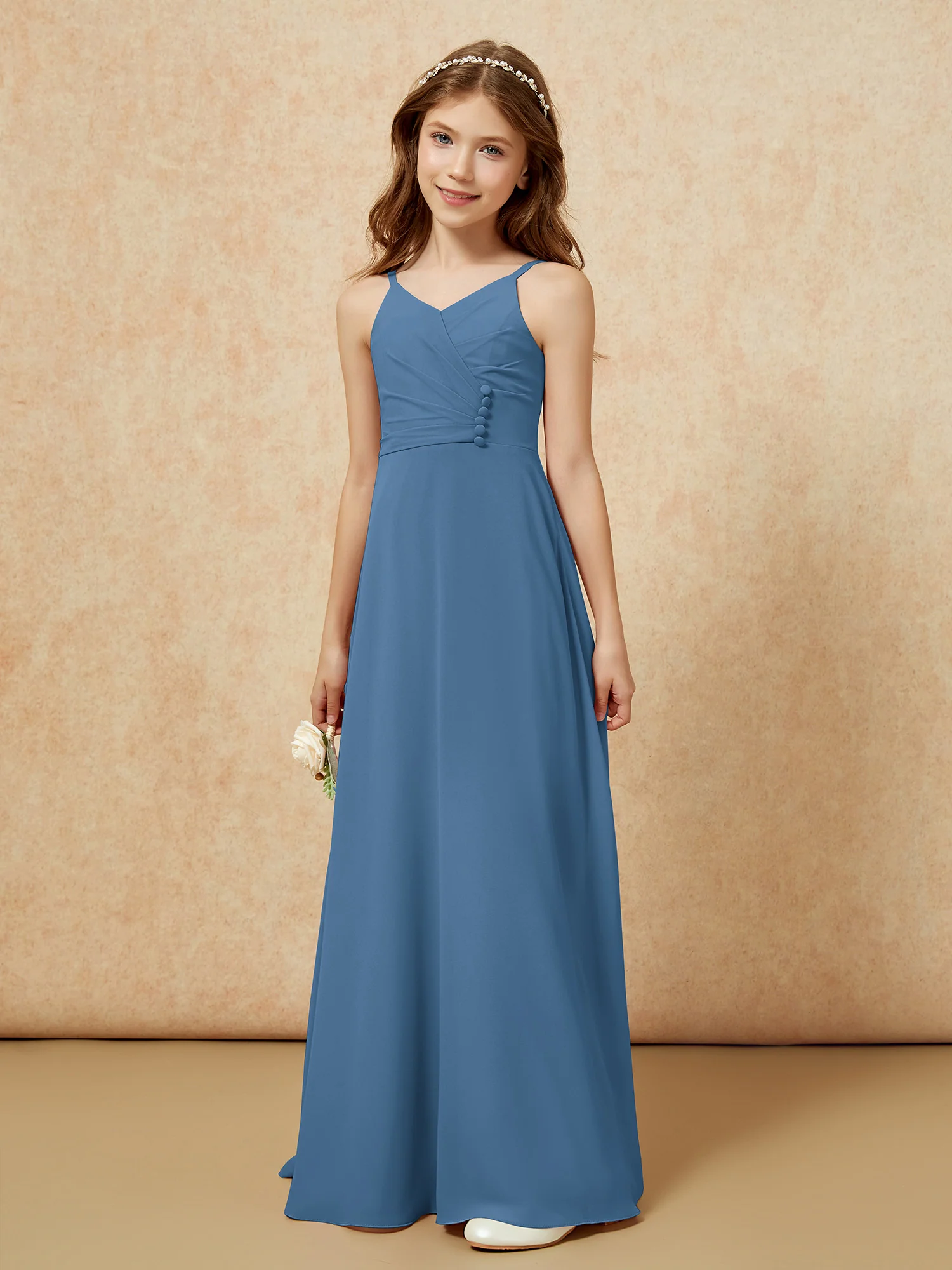 V-neck Pleated Chiffon Long Junior Bridesmaid Dresses Slate Blue