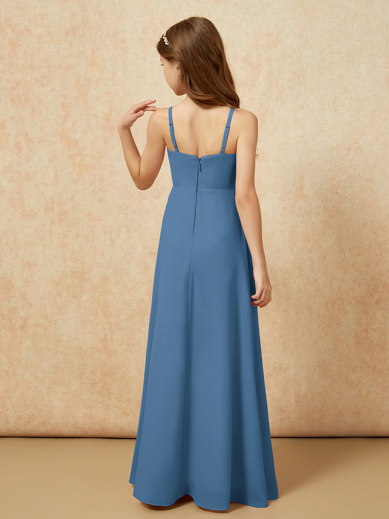 V-neck Pleated Chiffon Long Junior Bridesmaid Dresses Slate Blue - Image 2