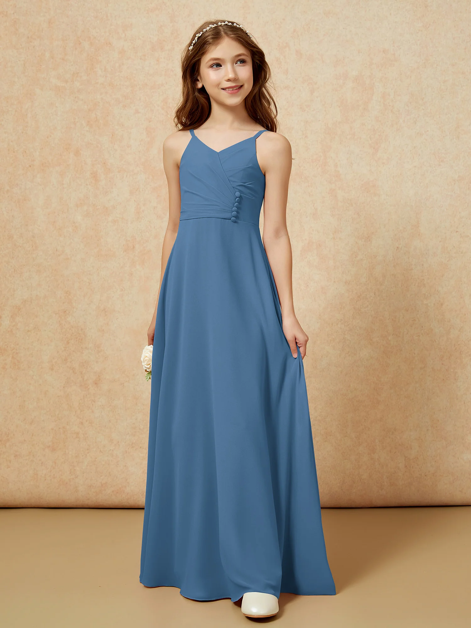 V-neck Pleated Chiffon Long Junior Bridesmaid Dresses Slate Blue - Image 5