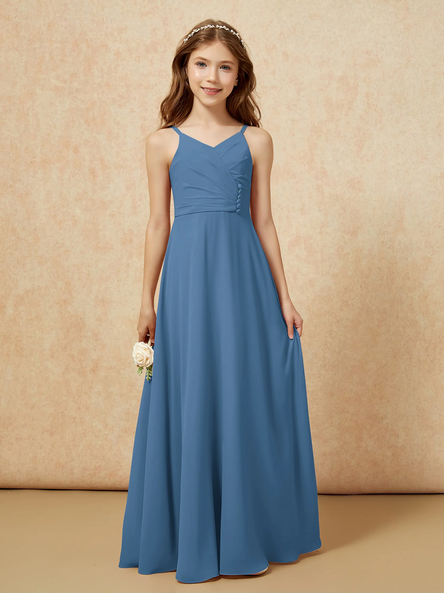 V-neck Pleated Chiffon Long Junior Bridesmaid Dresses Slate Blue - Image 6