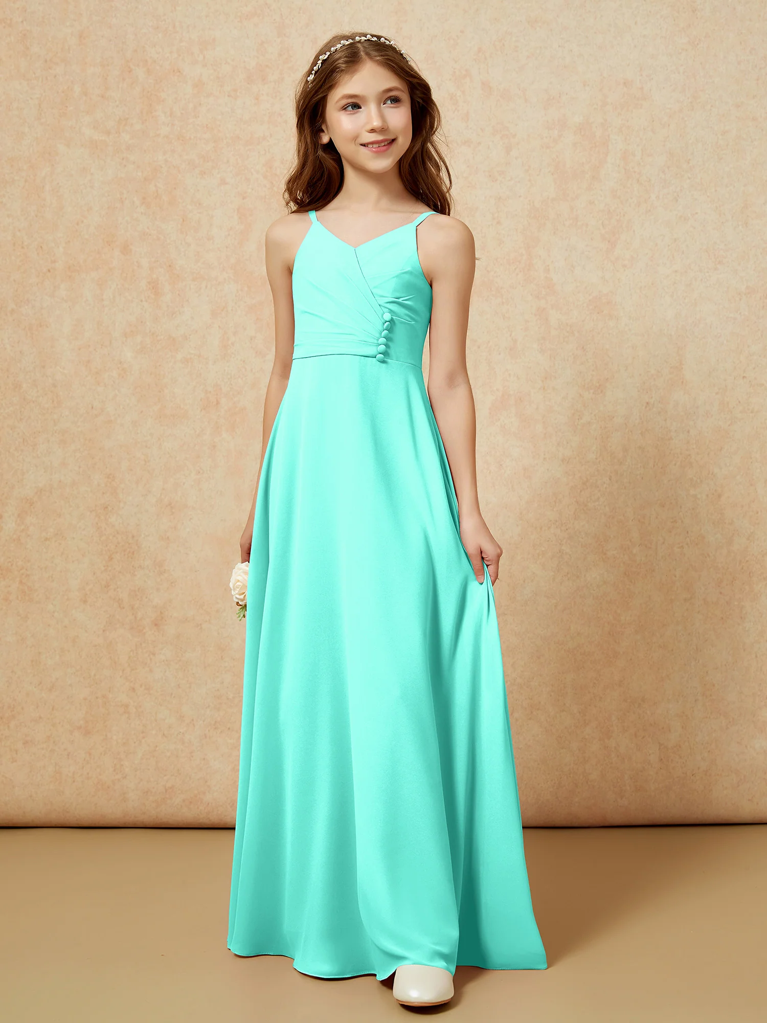 V-neck Pleated Chiffon Long Junior Bridesmaid Dresses Spa - Image 5