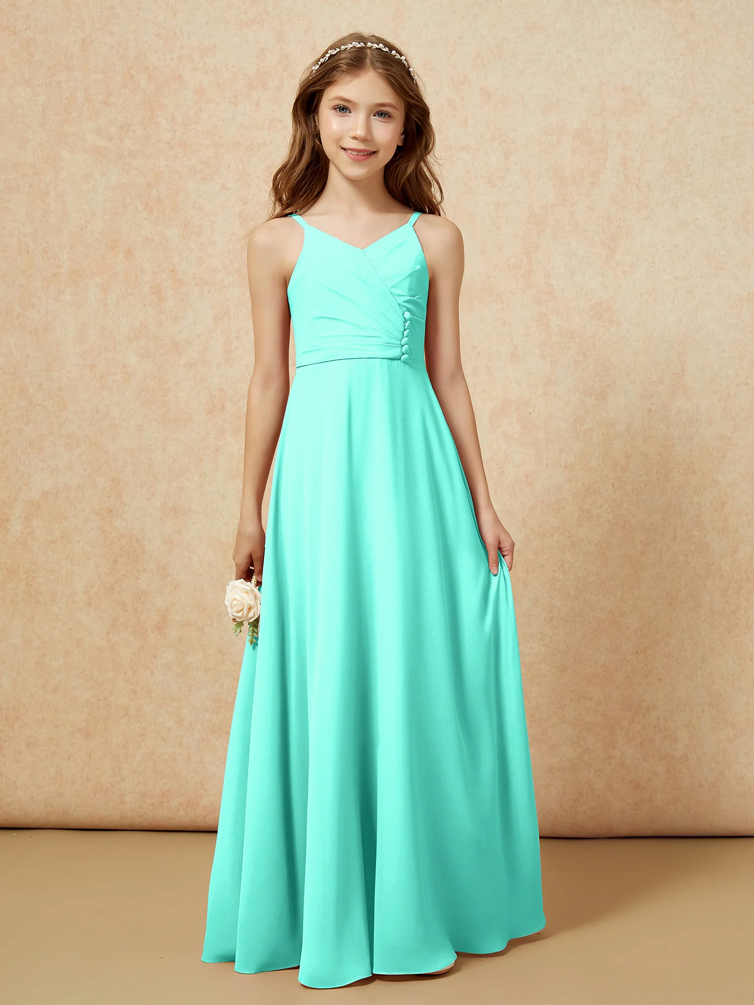V-neck Pleated Chiffon Long Junior Bridesmaid Dresses Spa - Image 6