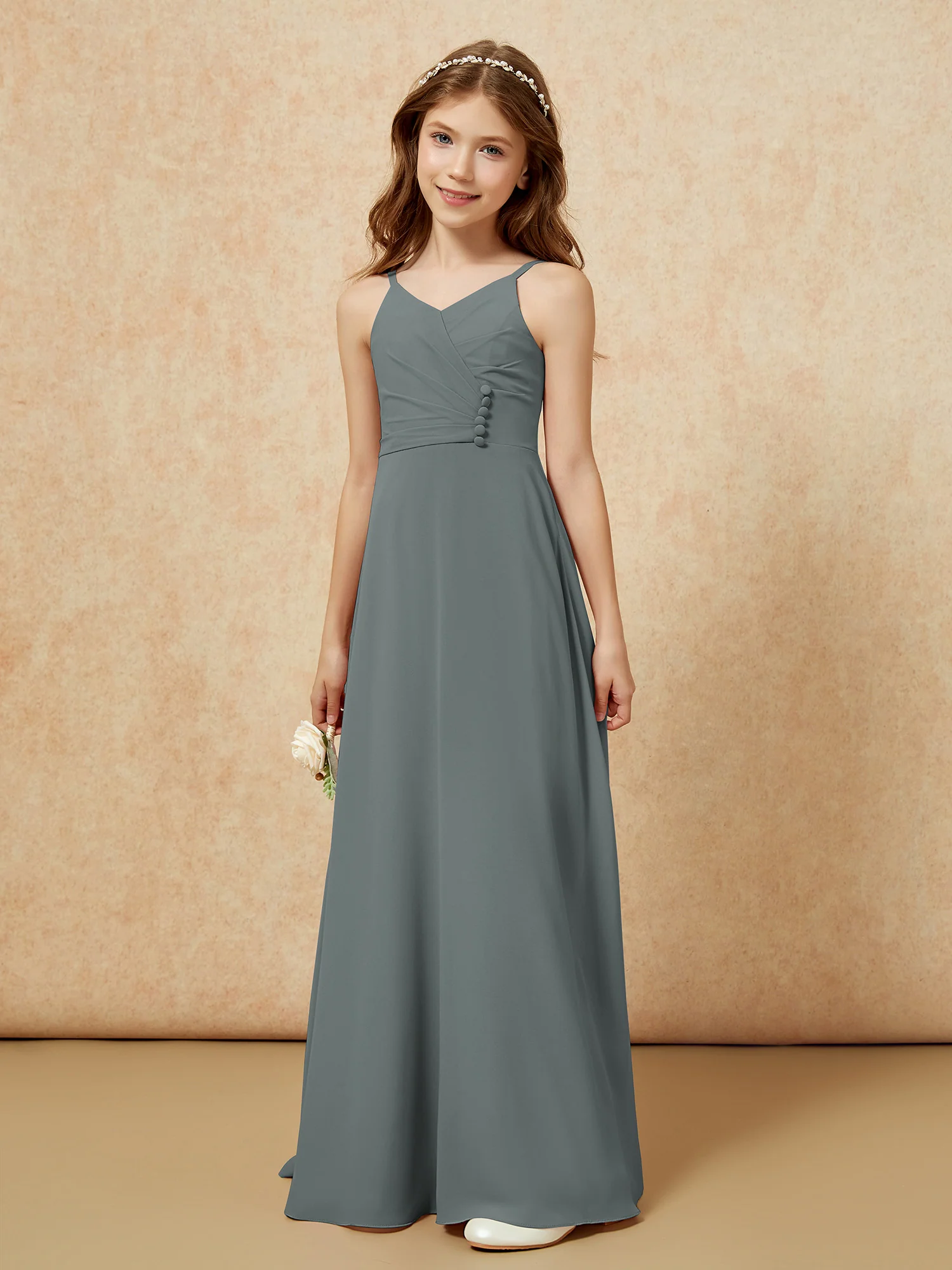 V-neck Pleated Chiffon Long Junior Bridesmaid Dresses Steel Grey