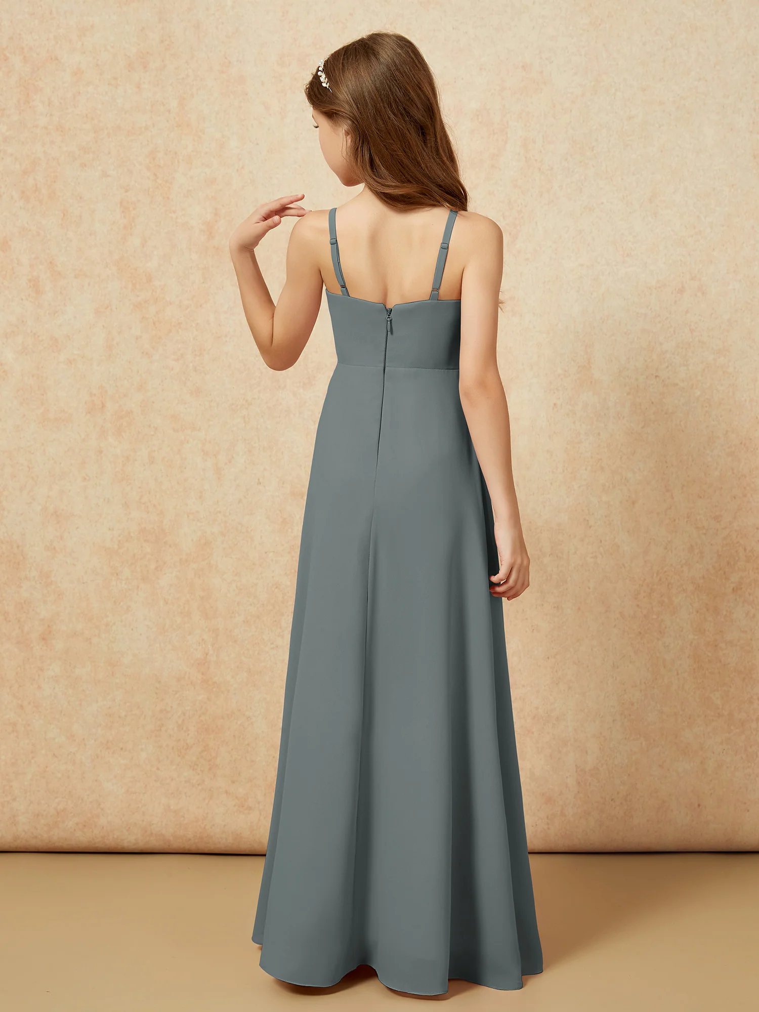 V-neck Pleated Chiffon Long Junior Bridesmaid Dresses Steel Grey - Image 2