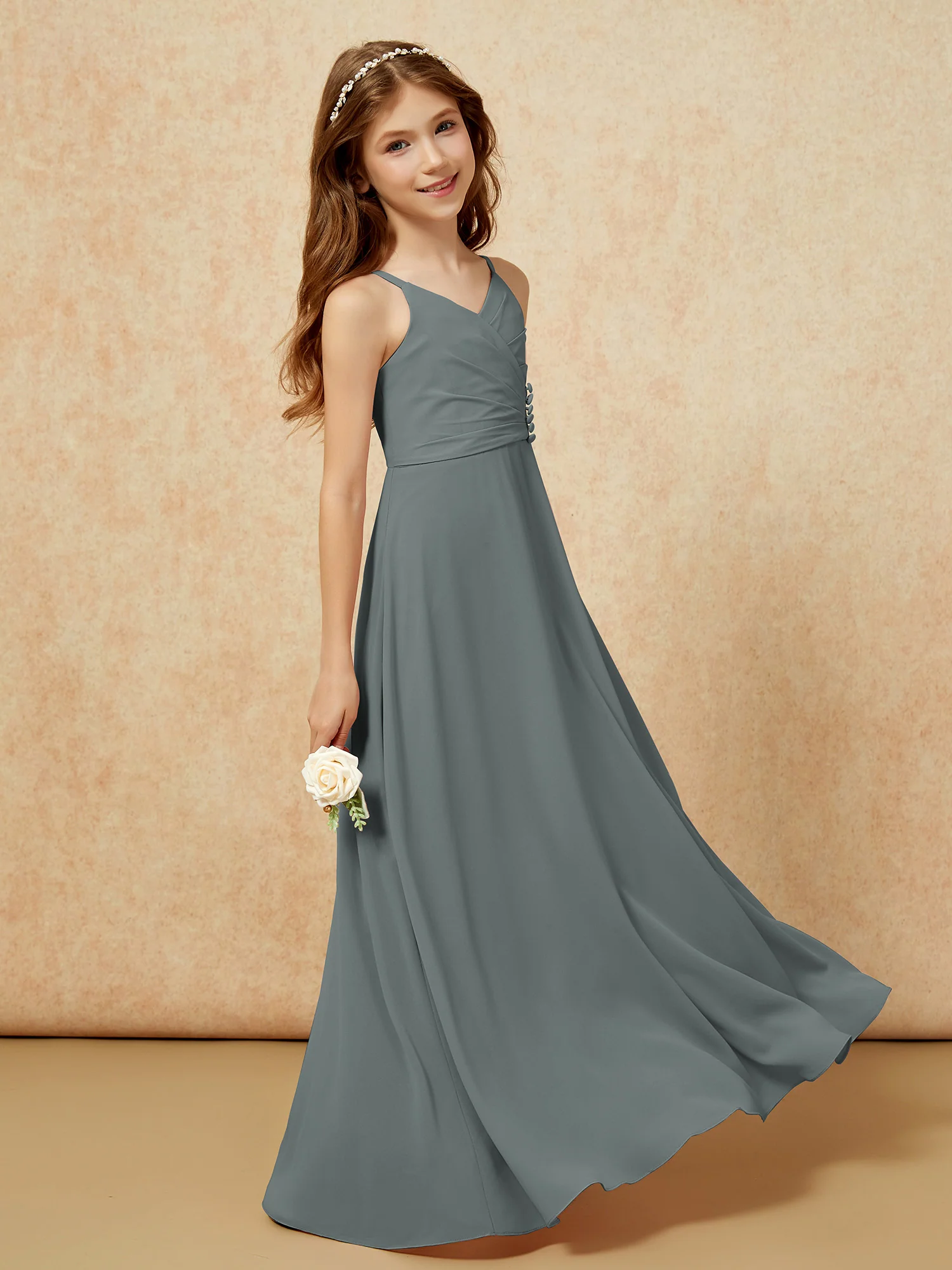 V-neck Pleated Chiffon Long Junior Bridesmaid Dresses Steel Grey - Image 3