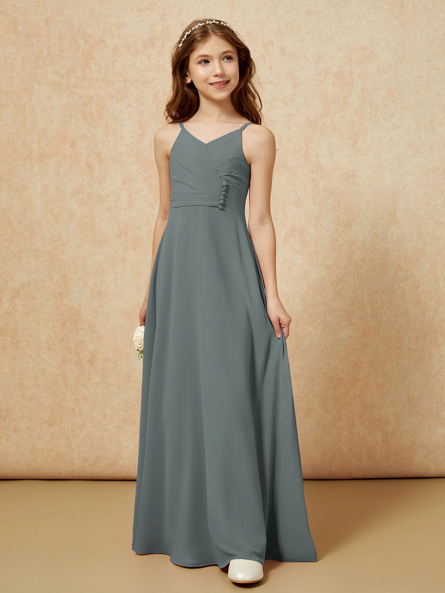 V-neck Pleated Chiffon Long Junior Bridesmaid Dresses Steel Grey - Image 5