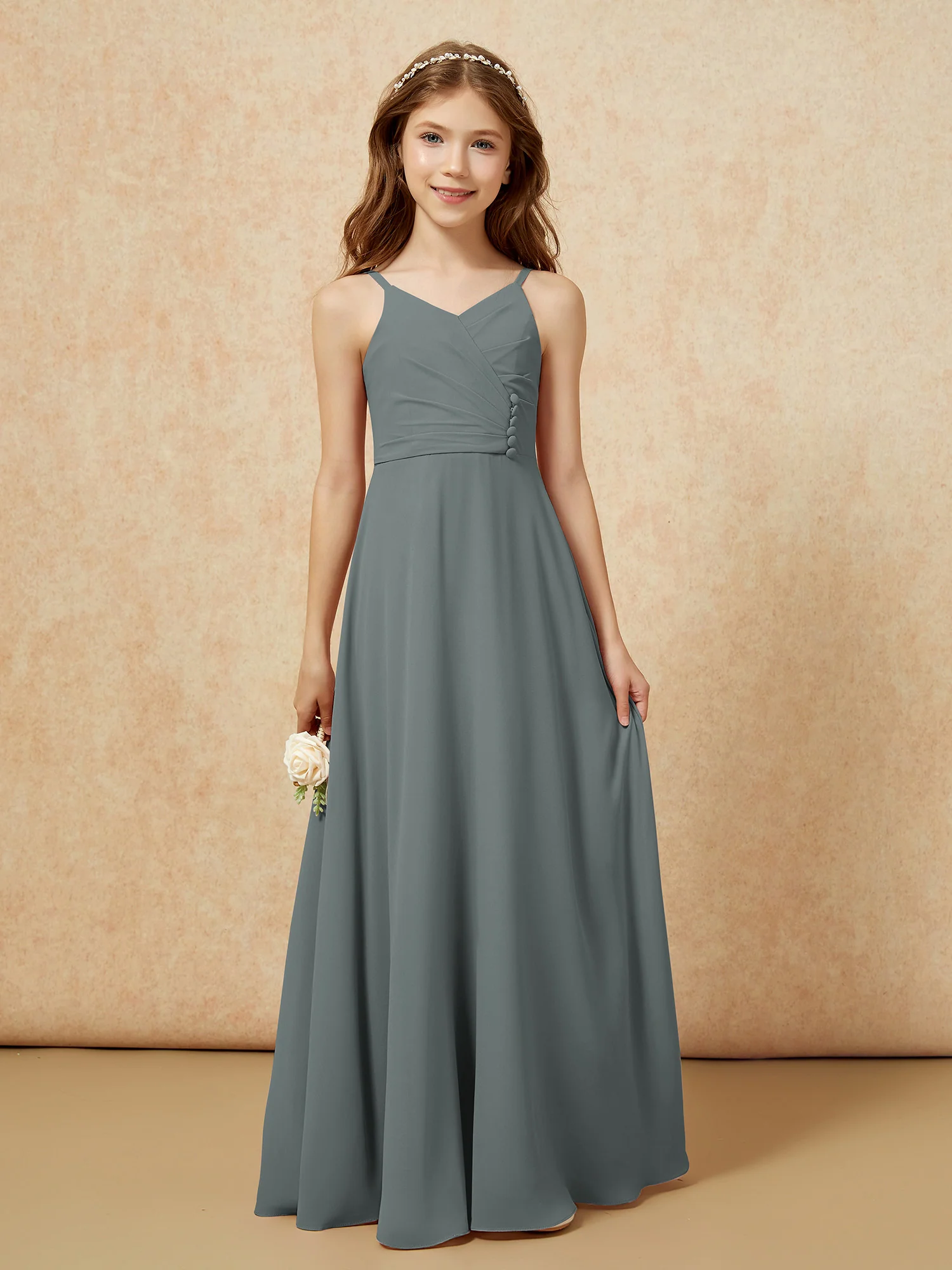 V-neck Pleated Chiffon Long Junior Bridesmaid Dresses Steel Grey - Image 6