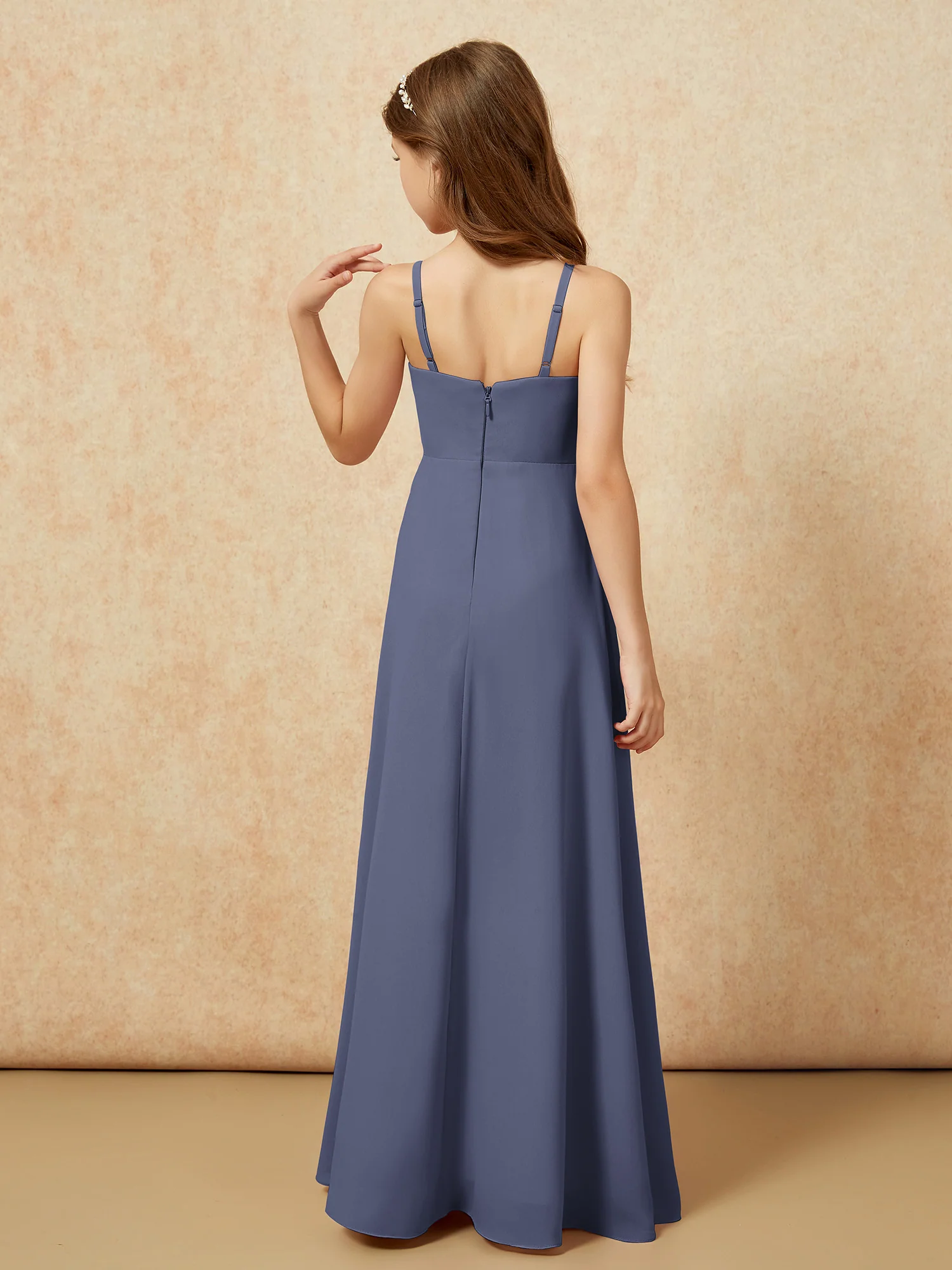 V-neck Pleated Chiffon Long Junior Bridesmaid Dresses Stormy - Image 2