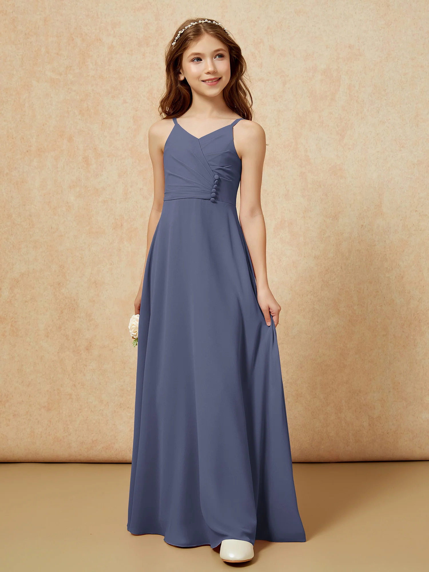 V-neck Pleated Chiffon Long Junior Bridesmaid Dresses Stormy - Image 5