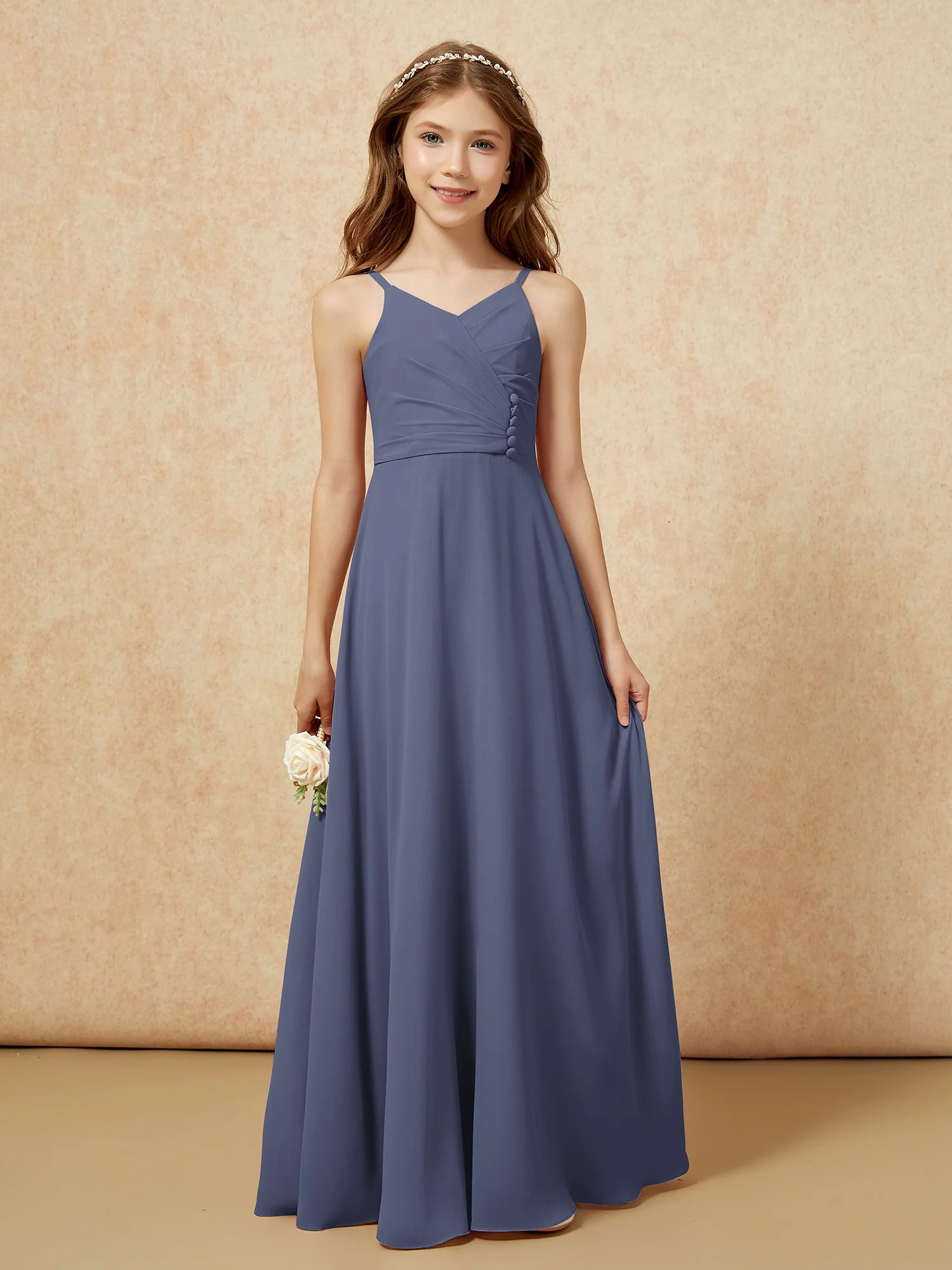 V-neck Pleated Chiffon Long Junior Bridesmaid Dresses Stormy - Image 6