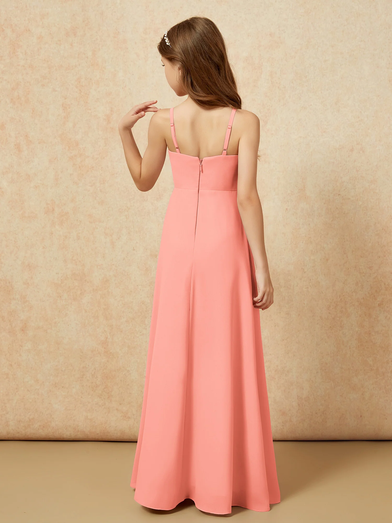 V-neck Pleated Chiffon Long Junior Bridesmaid Dresses Sunset - Image 2