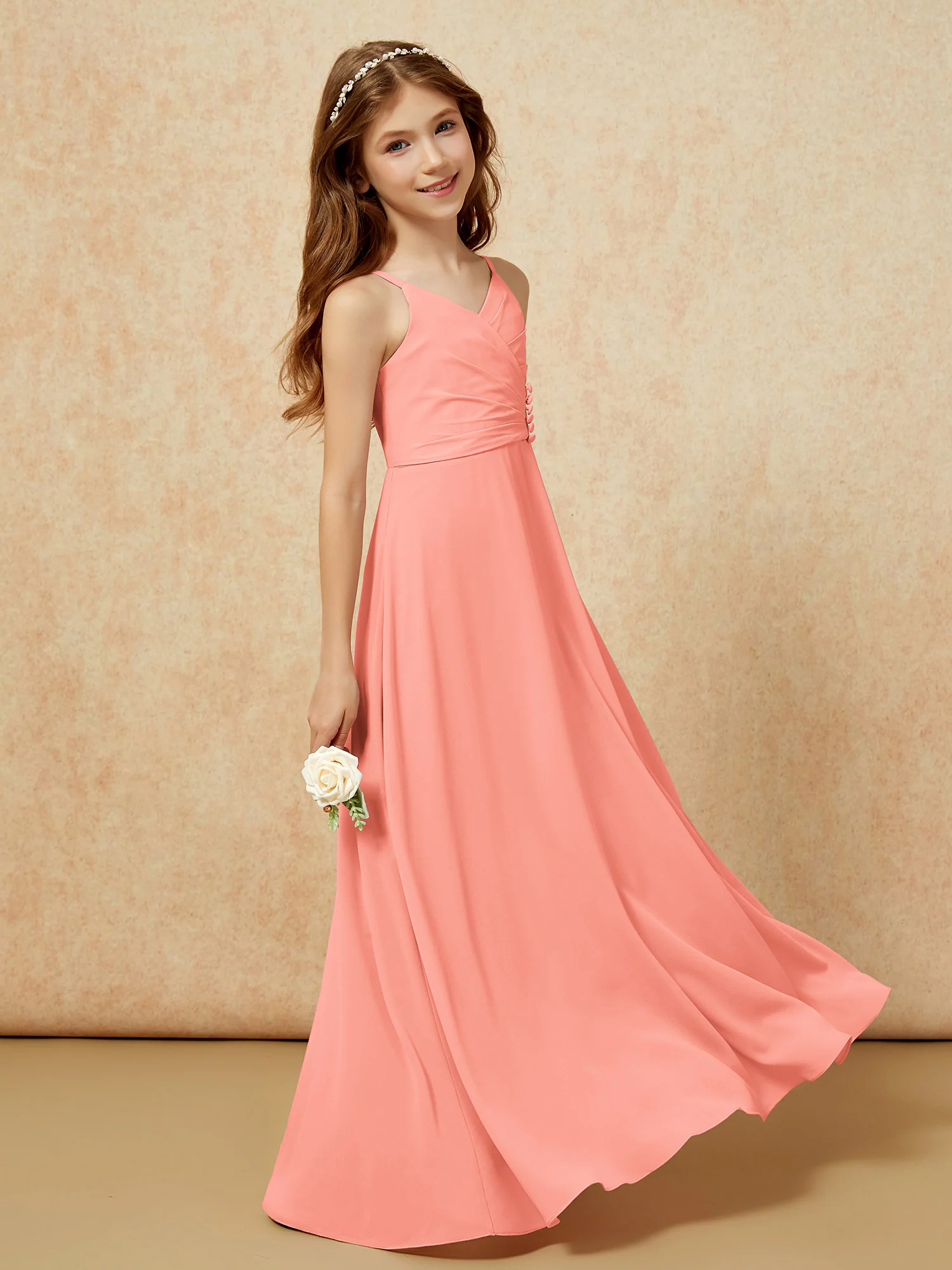 V-neck Pleated Chiffon Long Junior Bridesmaid Dresses Sunset - Image 3