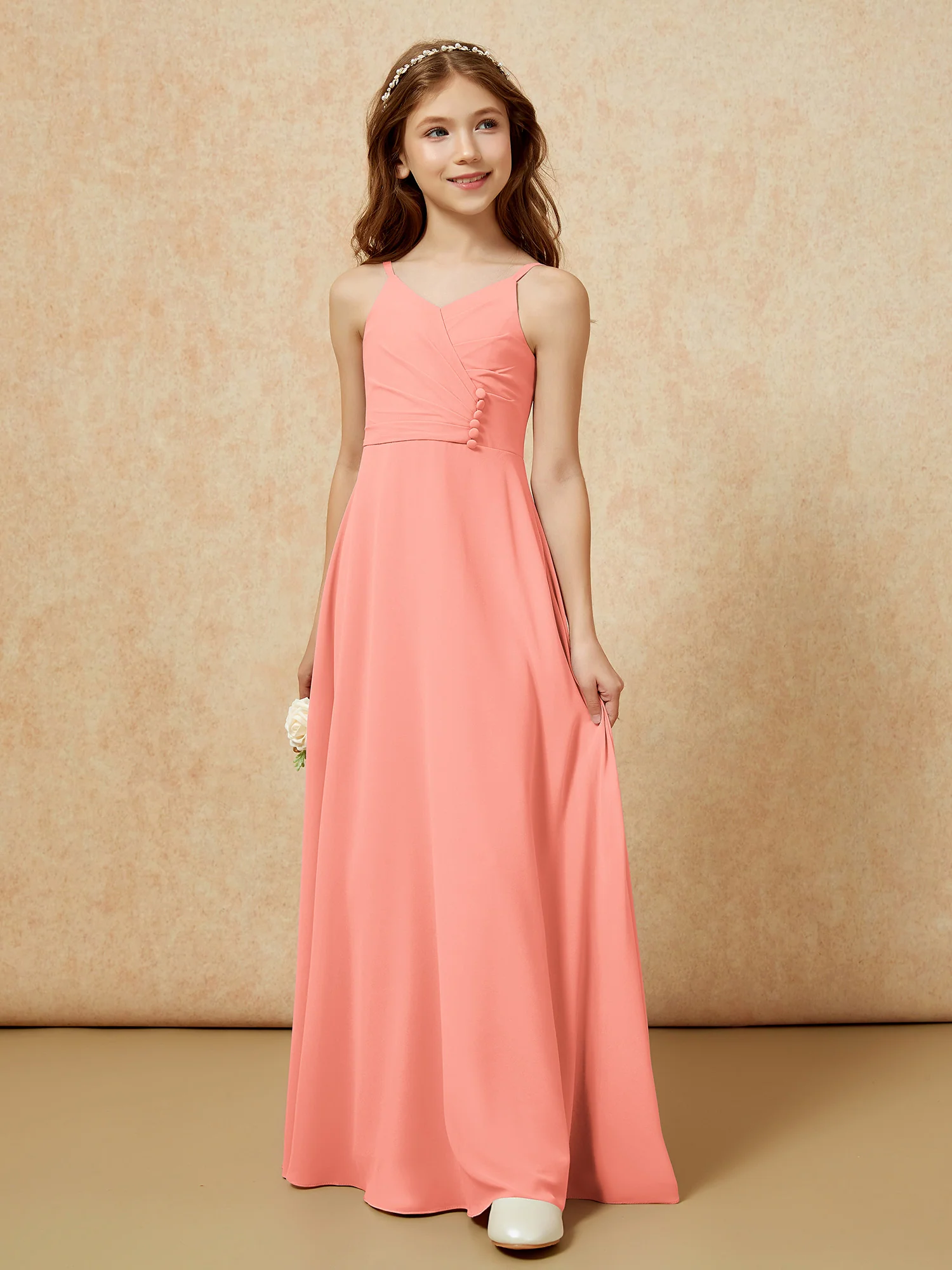 V-neck Pleated Chiffon Long Junior Bridesmaid Dresses Sunset - Image 5