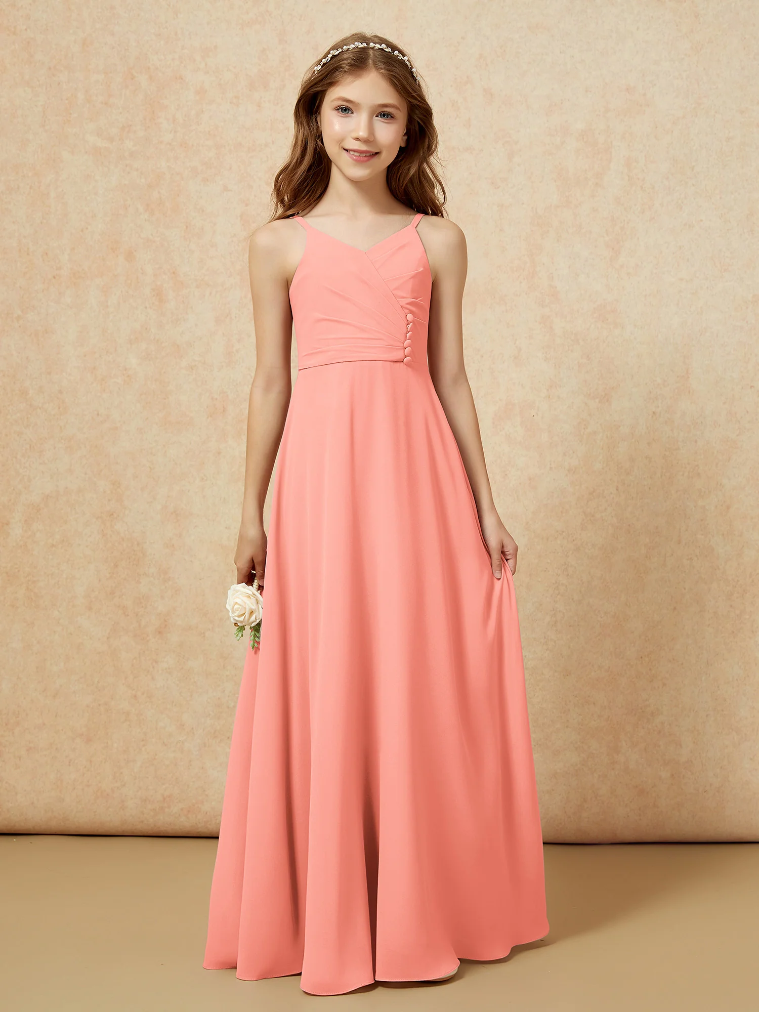 V-neck Pleated Chiffon Long Junior Bridesmaid Dresses Sunset - Image 6