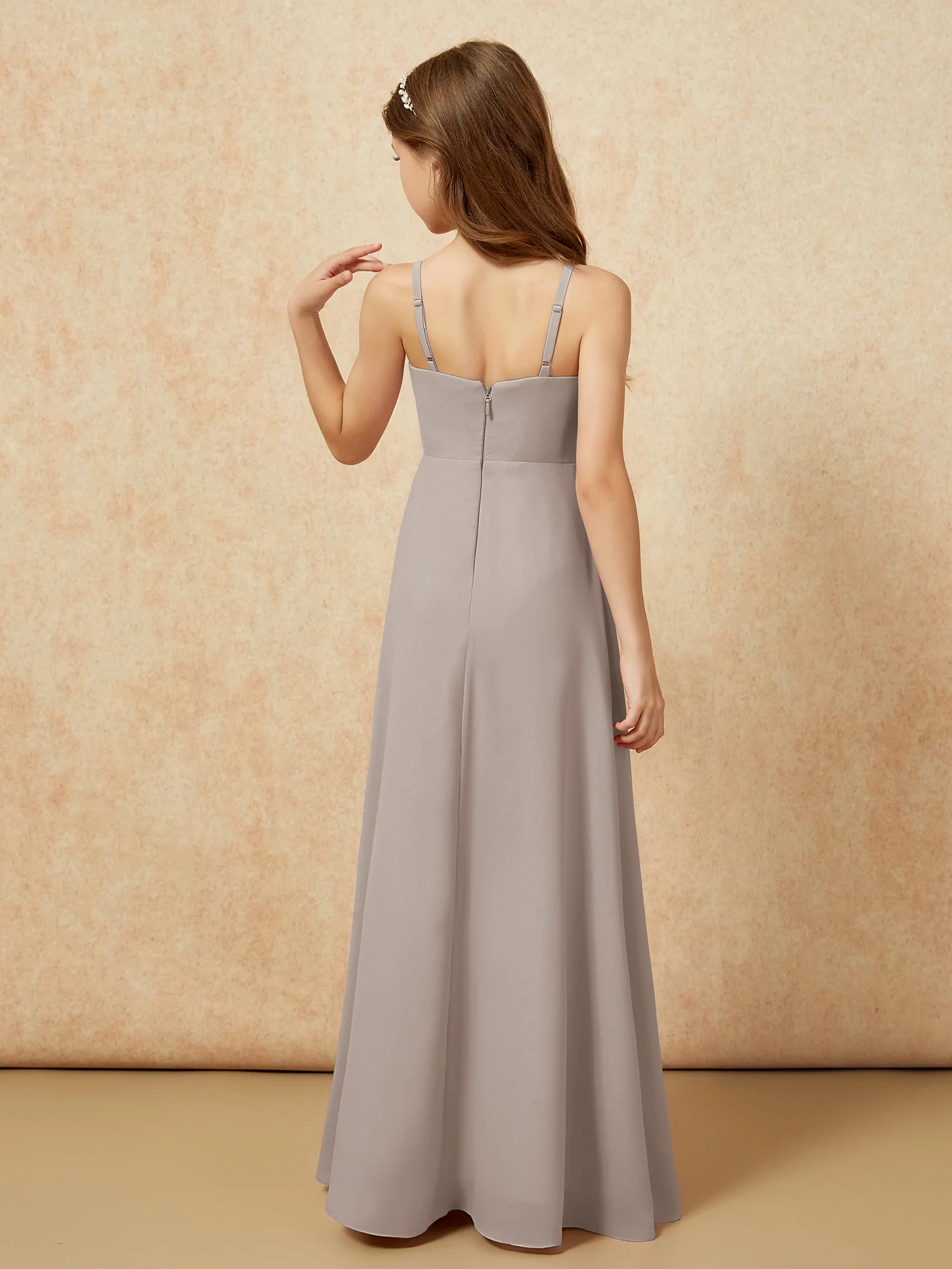 V-neck Pleated Chiffon Long Junior Bridesmaid Dresses Taupe - Image 2