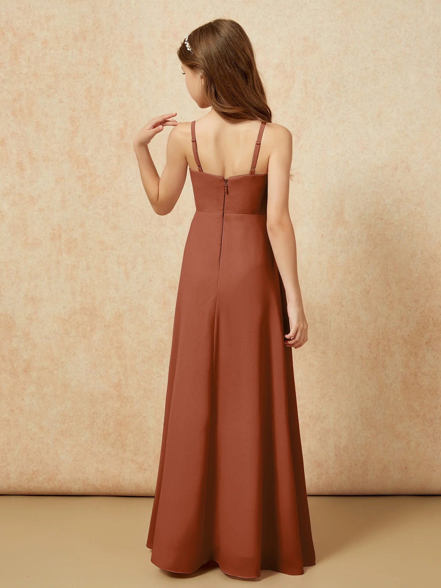 V-neck Pleated Chiffon Long Junior Bridesmaid Dresses Terracotta - Image 2