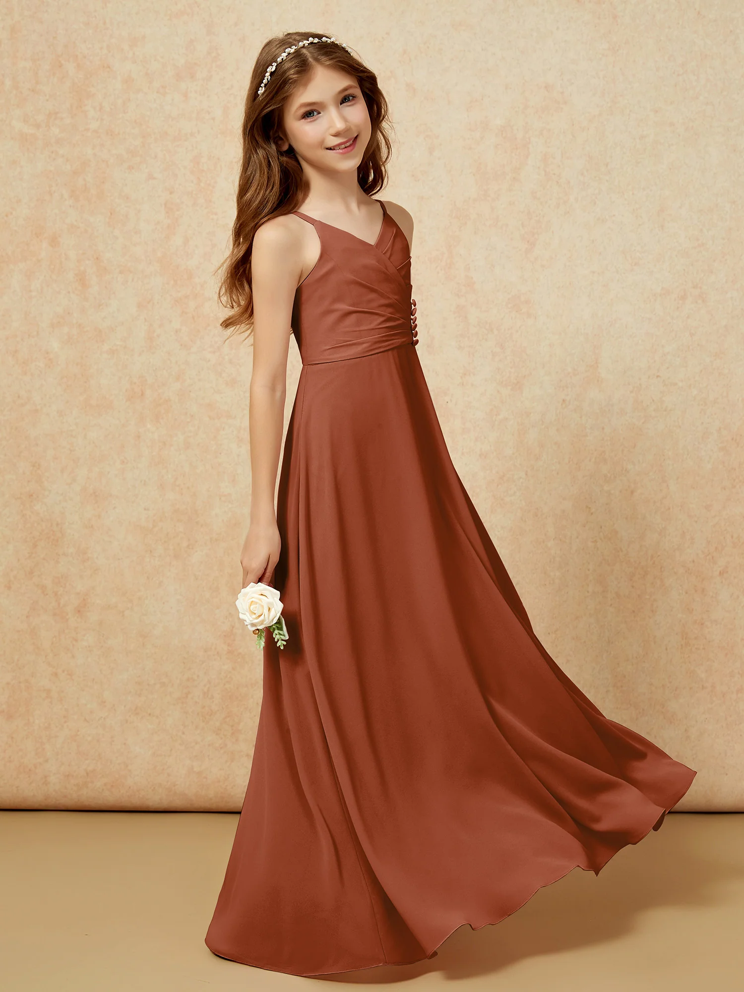 V-neck Pleated Chiffon Long Junior Bridesmaid Dresses Terracotta - Image 3