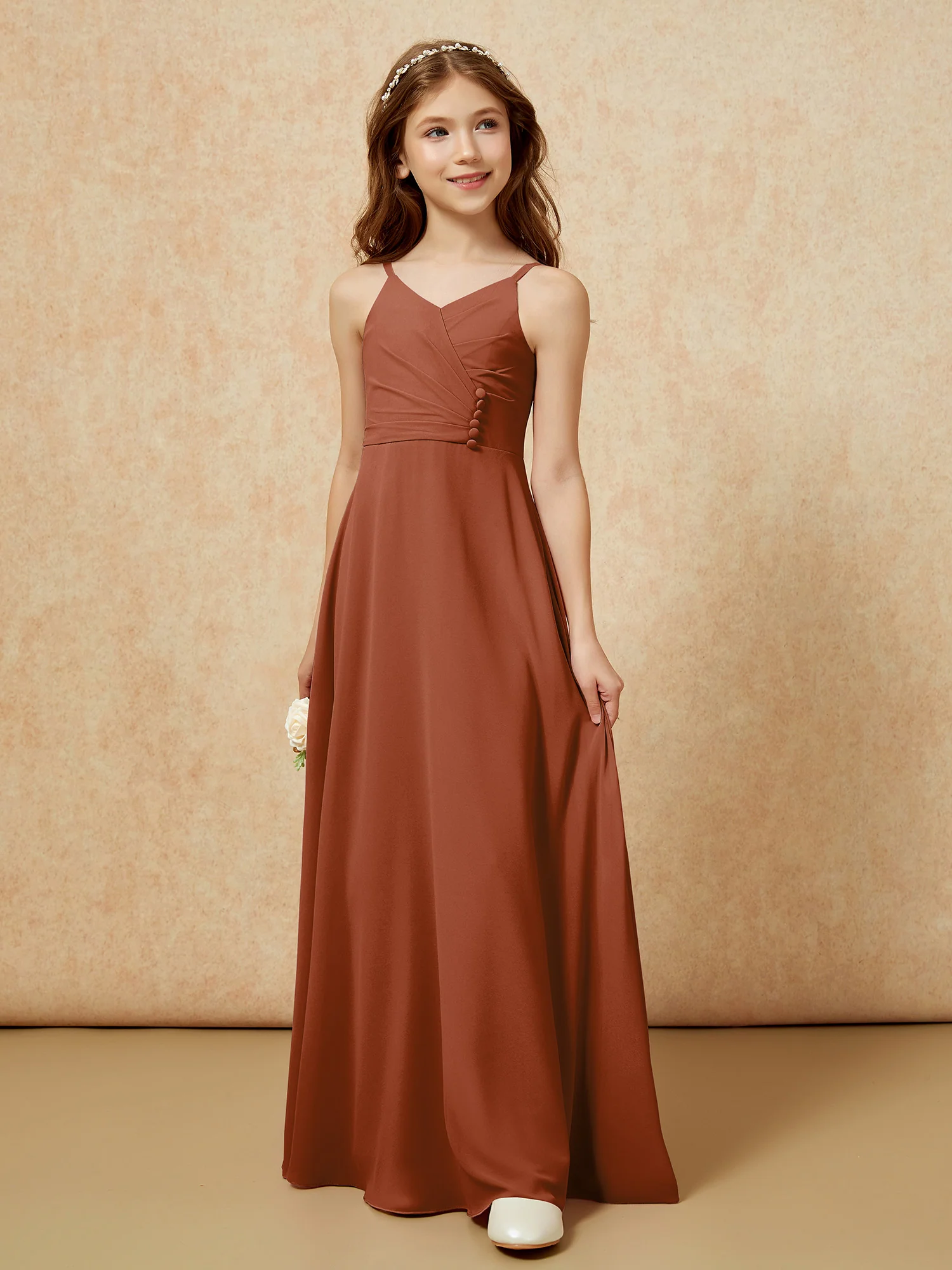 V-neck Pleated Chiffon Long Junior Bridesmaid Dresses Terracotta - Image 5
