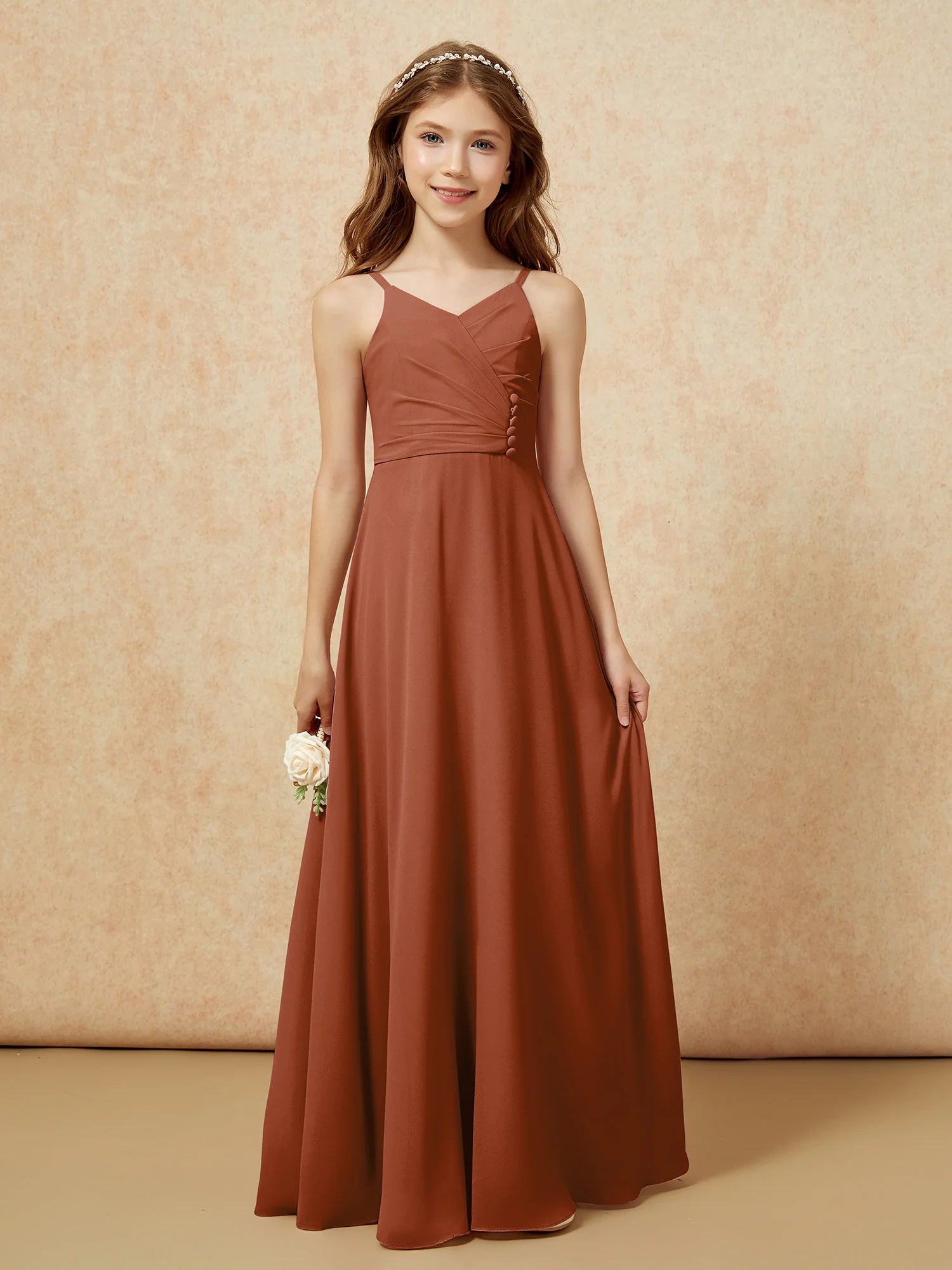 V-neck Pleated Chiffon Long Junior Bridesmaid Dresses Terracotta - Image 6