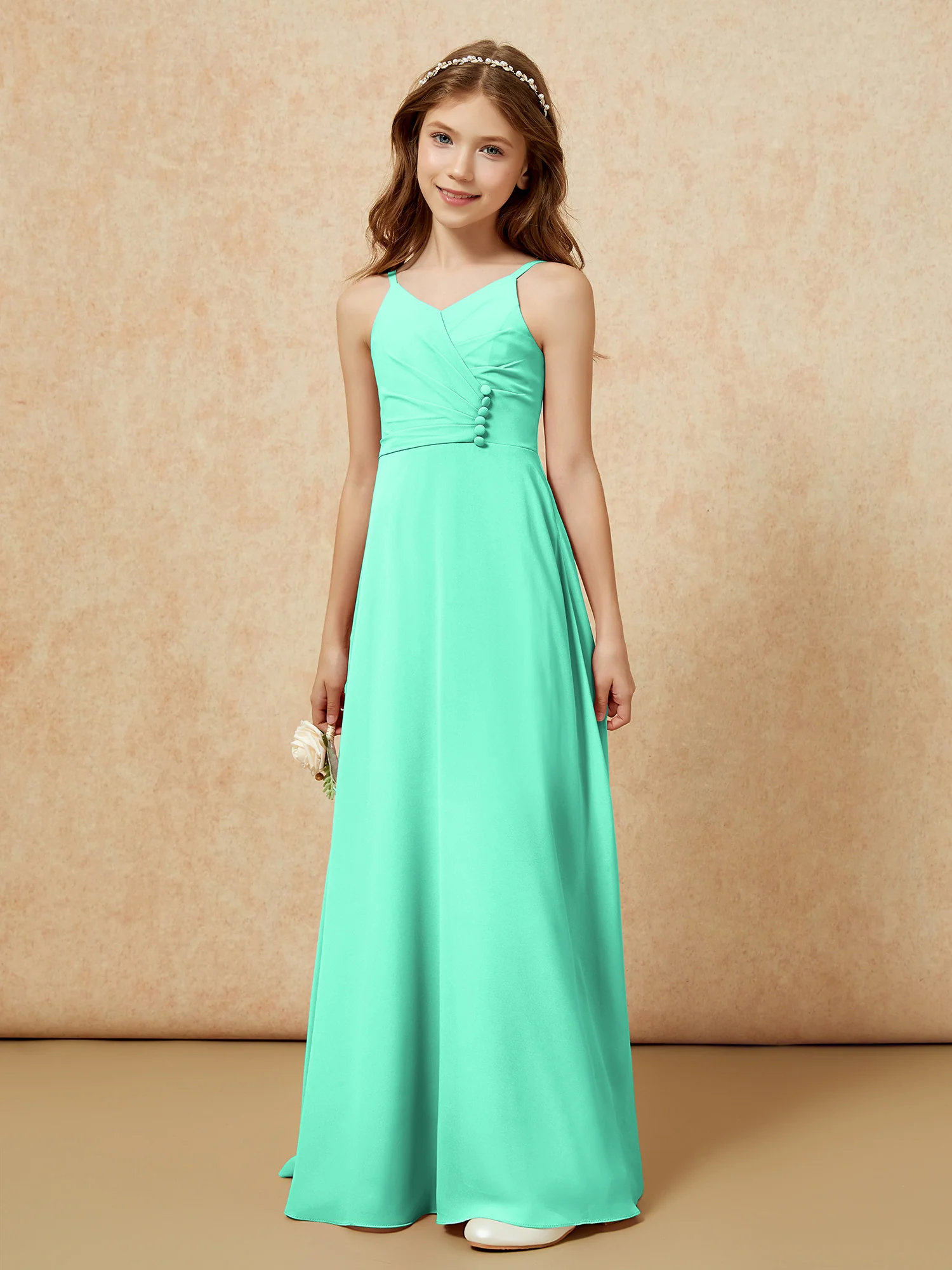V-neck Pleated Chiffon Long Junior Bridesmaid Dresses Turquoise