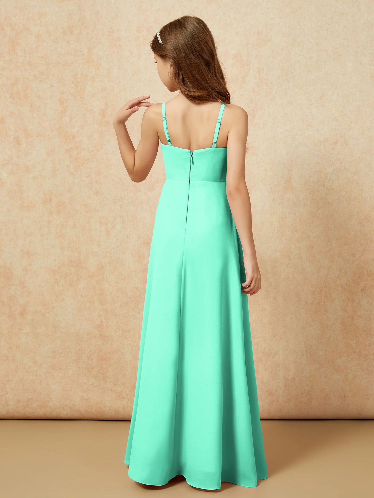 V-neck Pleated Chiffon Long Junior Bridesmaid Dresses Turquoise - Image 2