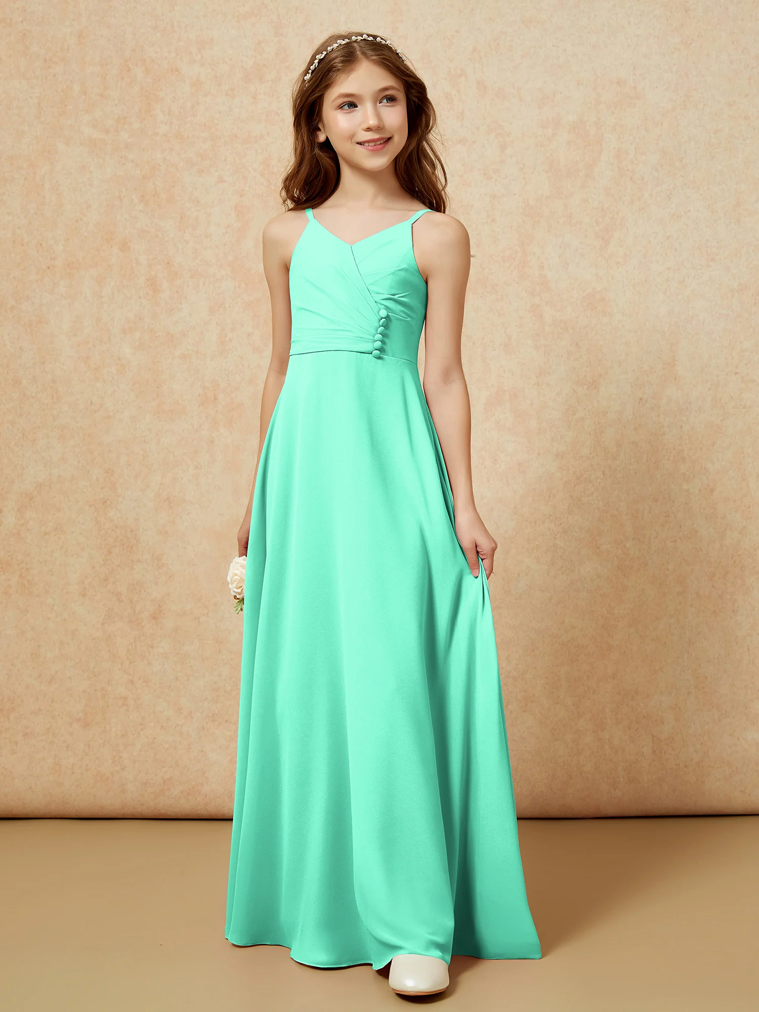 V-neck Pleated Chiffon Long Junior Bridesmaid Dresses Turquoise - Image 5