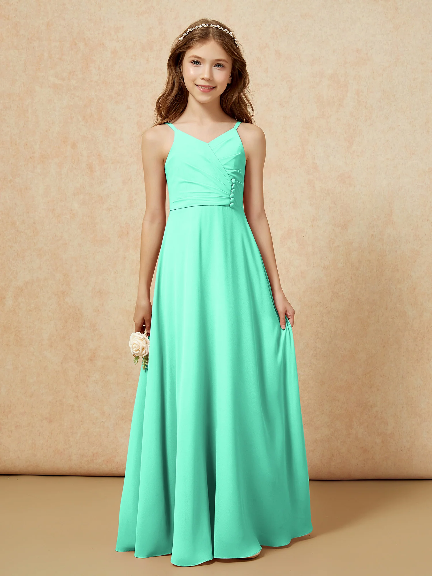 V-neck Pleated Chiffon Long Junior Bridesmaid Dresses Turquoise - Image 6