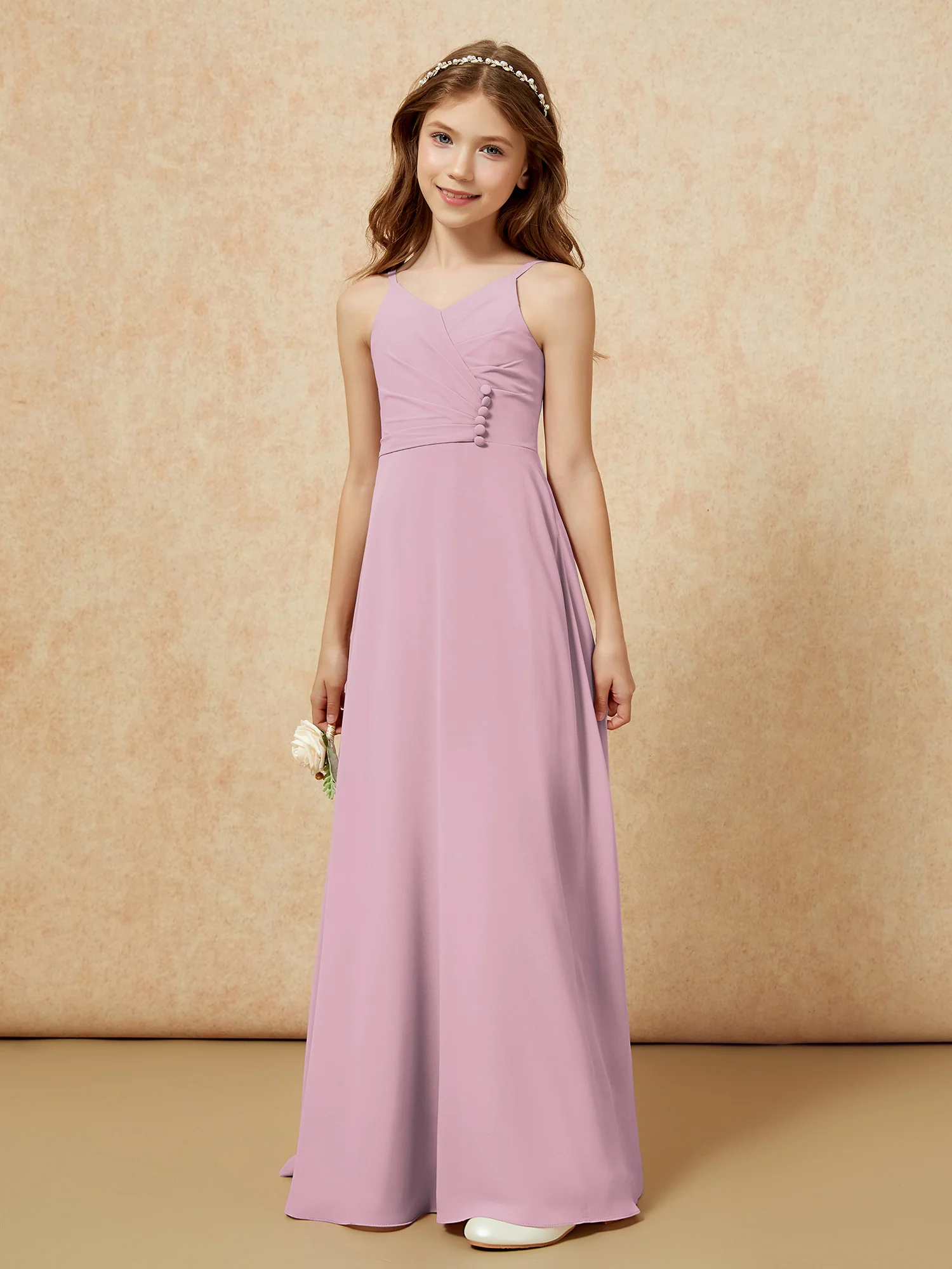 V-neck Pleated Chiffon Long Junior Bridesmaid Dresses Vintage Mauve