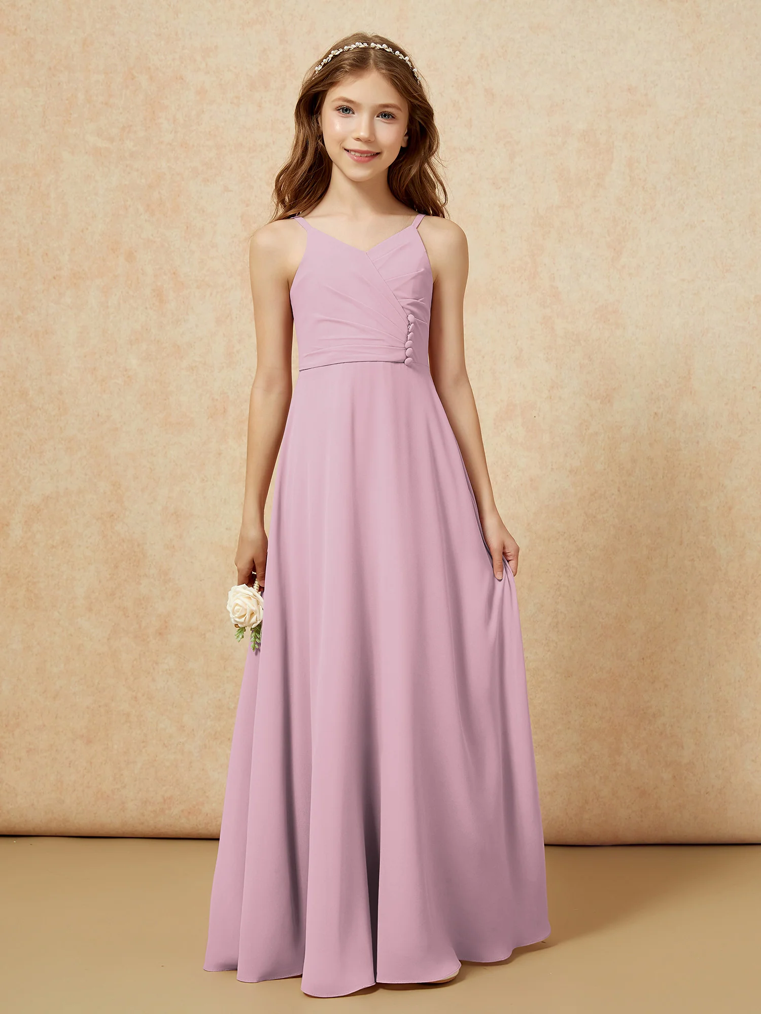 V-neck Pleated Chiffon Long Junior Bridesmaid Dresses Vintage Mauve - Image 6