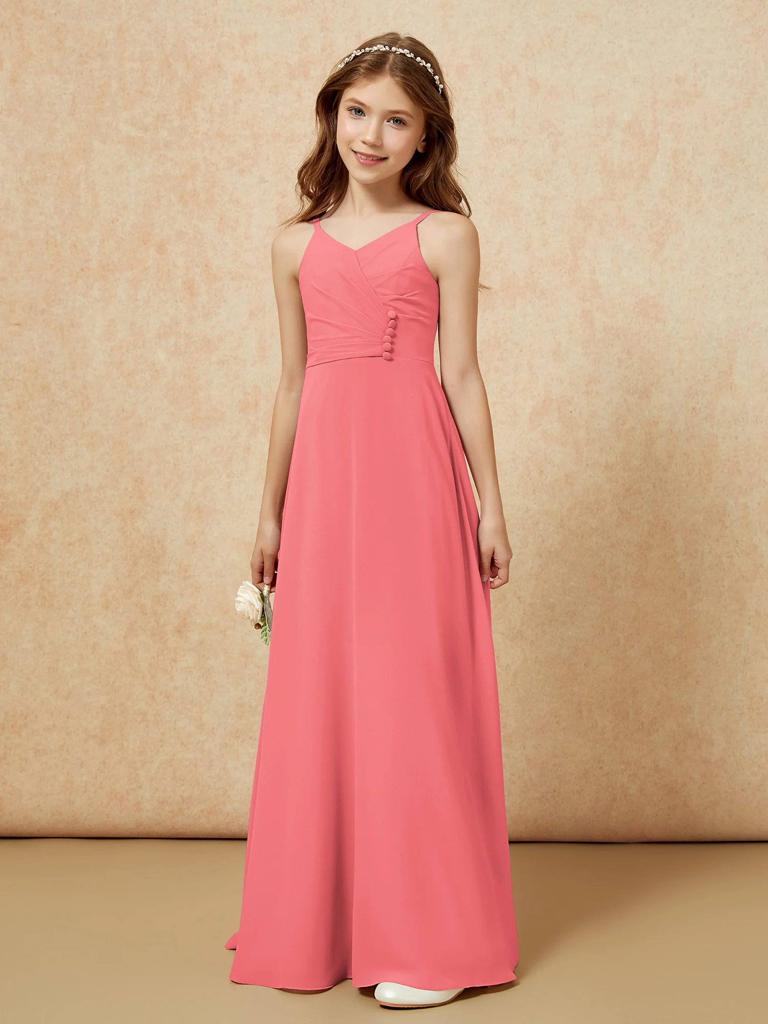 V-neck Pleated Chiffon Long Junior Bridesmaid Dresses Watermelon