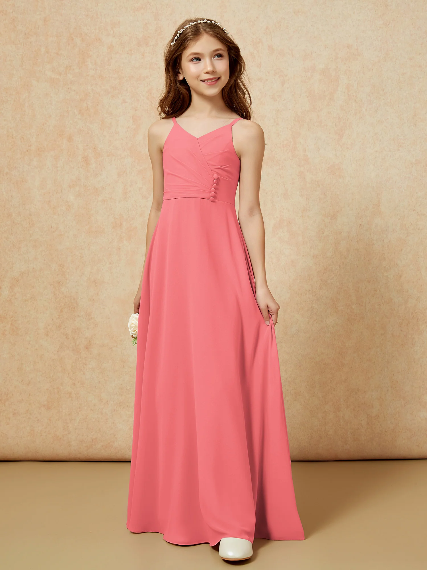V-neck Pleated Chiffon Long Junior Bridesmaid Dresses Watermelon - Image 5