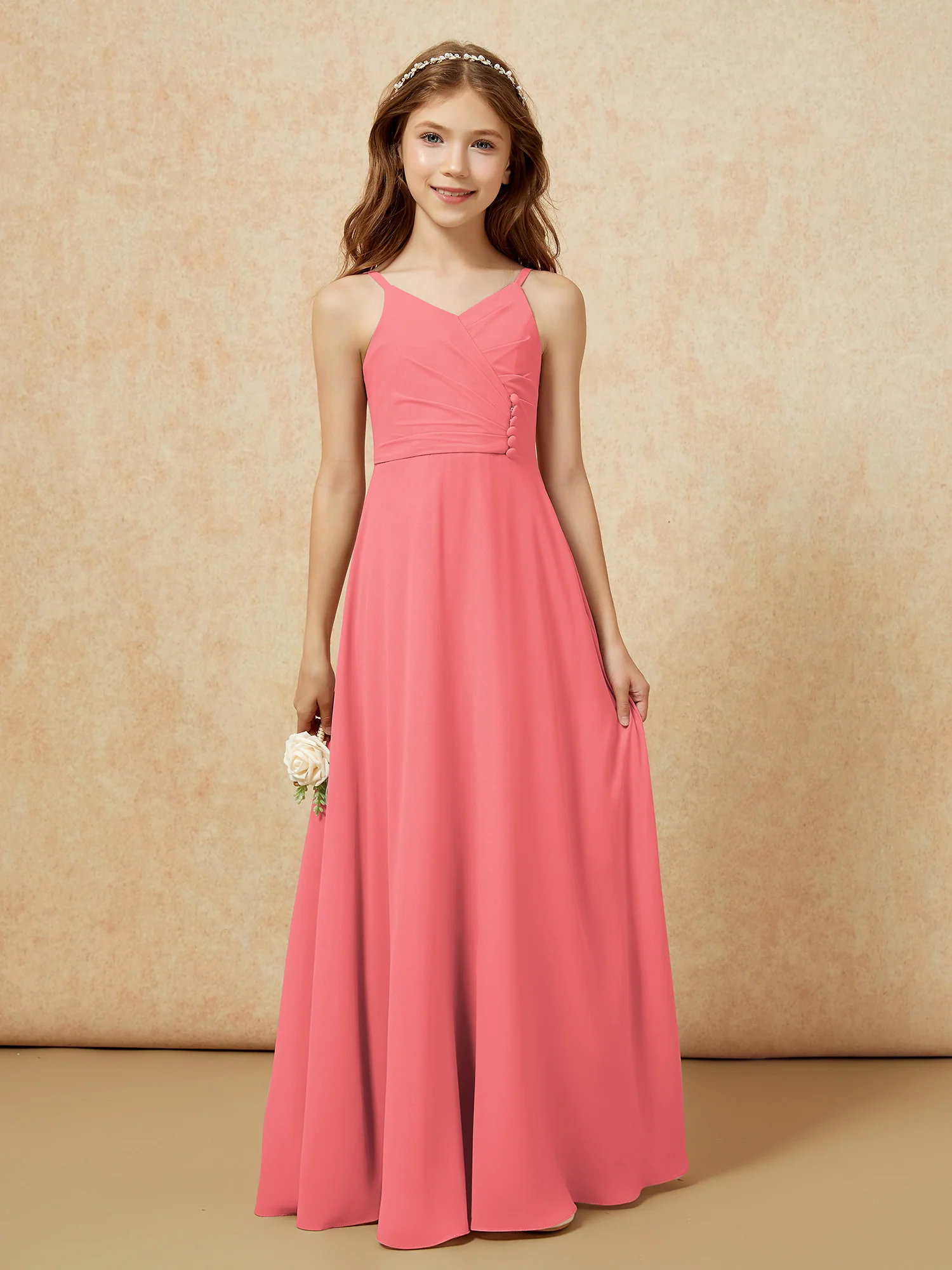 V-neck Pleated Chiffon Long Junior Bridesmaid Dresses Watermelon - Image 6
