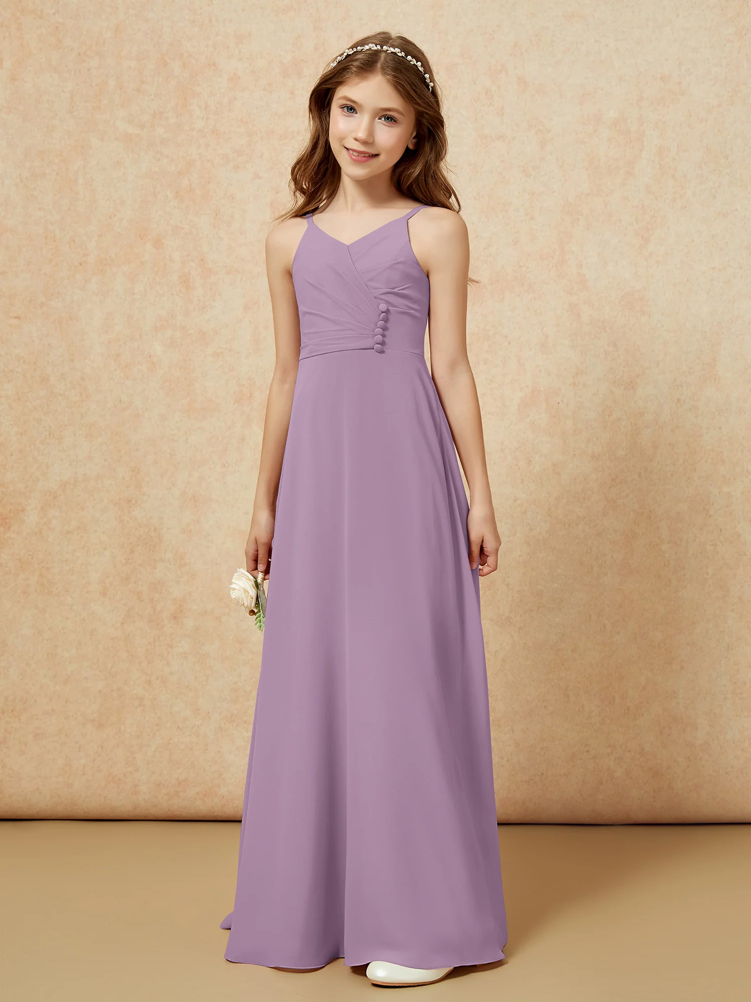 V-neck Pleated Chiffon Long Junior Bridesmaid Dresses Wisteria