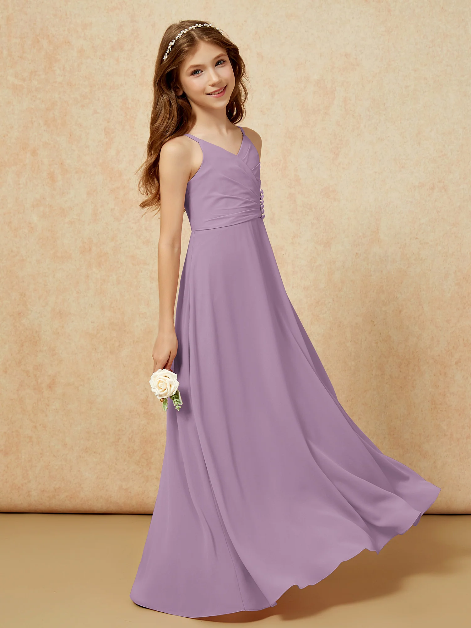 V-neck Pleated Chiffon Long Junior Bridesmaid Dresses Wisteria - Image 3