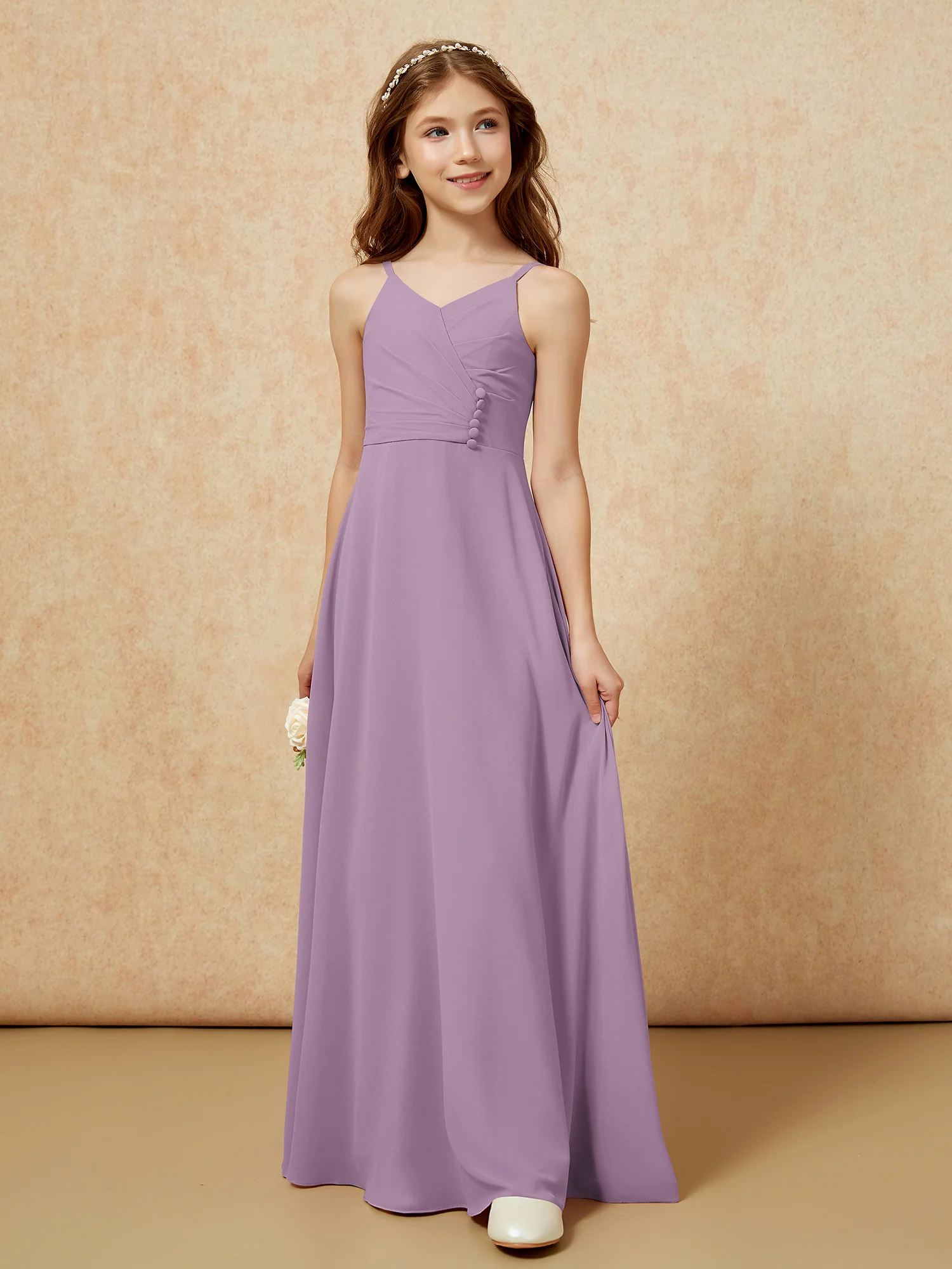 V-neck Pleated Chiffon Long Junior Bridesmaid Dresses Wisteria - Image 5